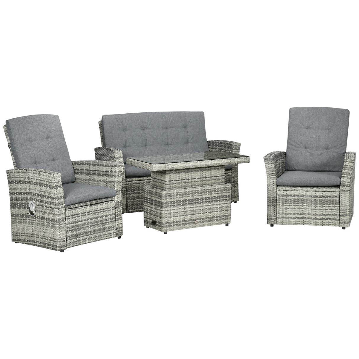 easycomfort easycomfort set da giardino 4pz in rattan grigio con tavolo ad altezza regolabile 2 poltrone reclinabili e divano 2 posti