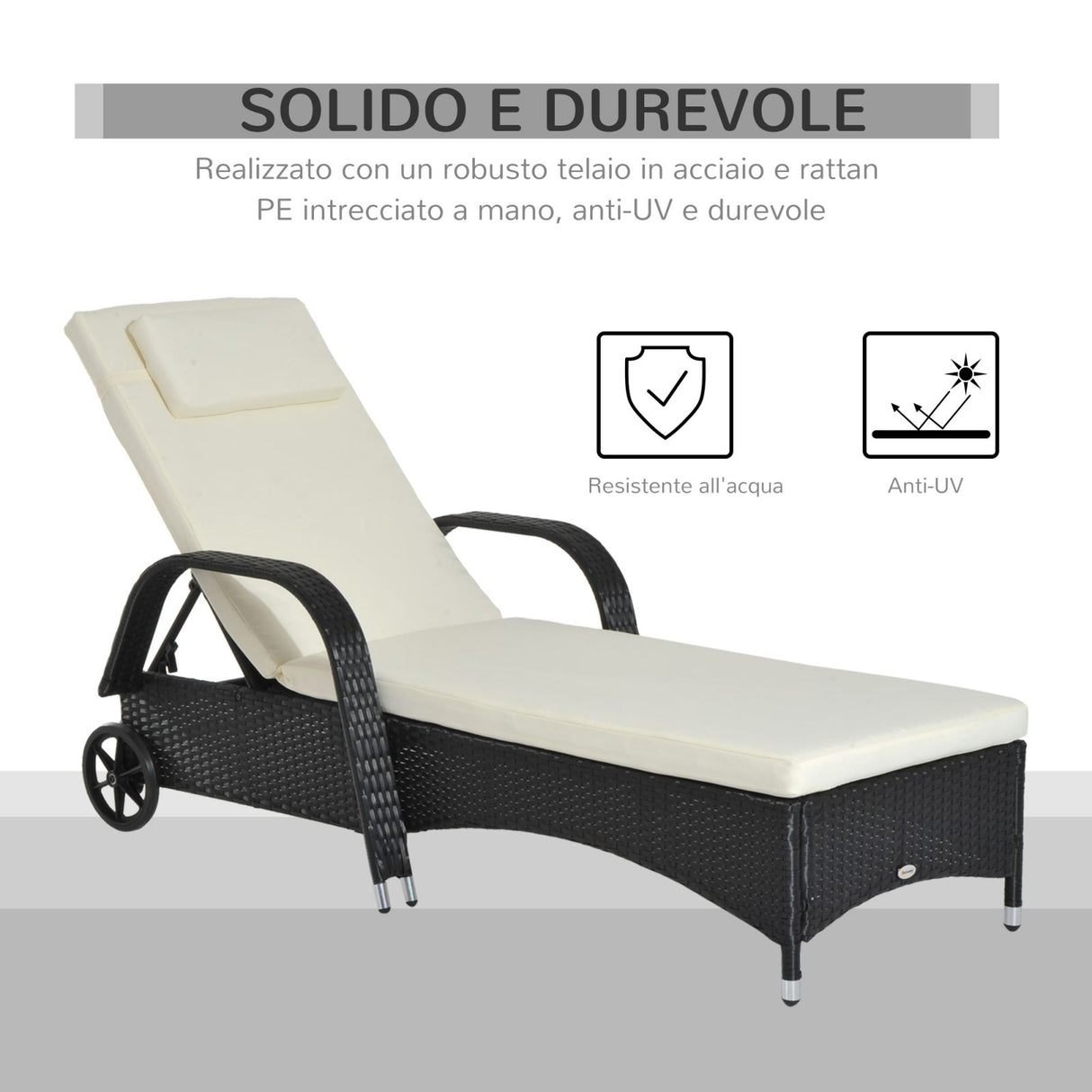 easycomfort easycomfort lettino sdraio reclinabile in pe rattan con materassino imbottito e ruote nero