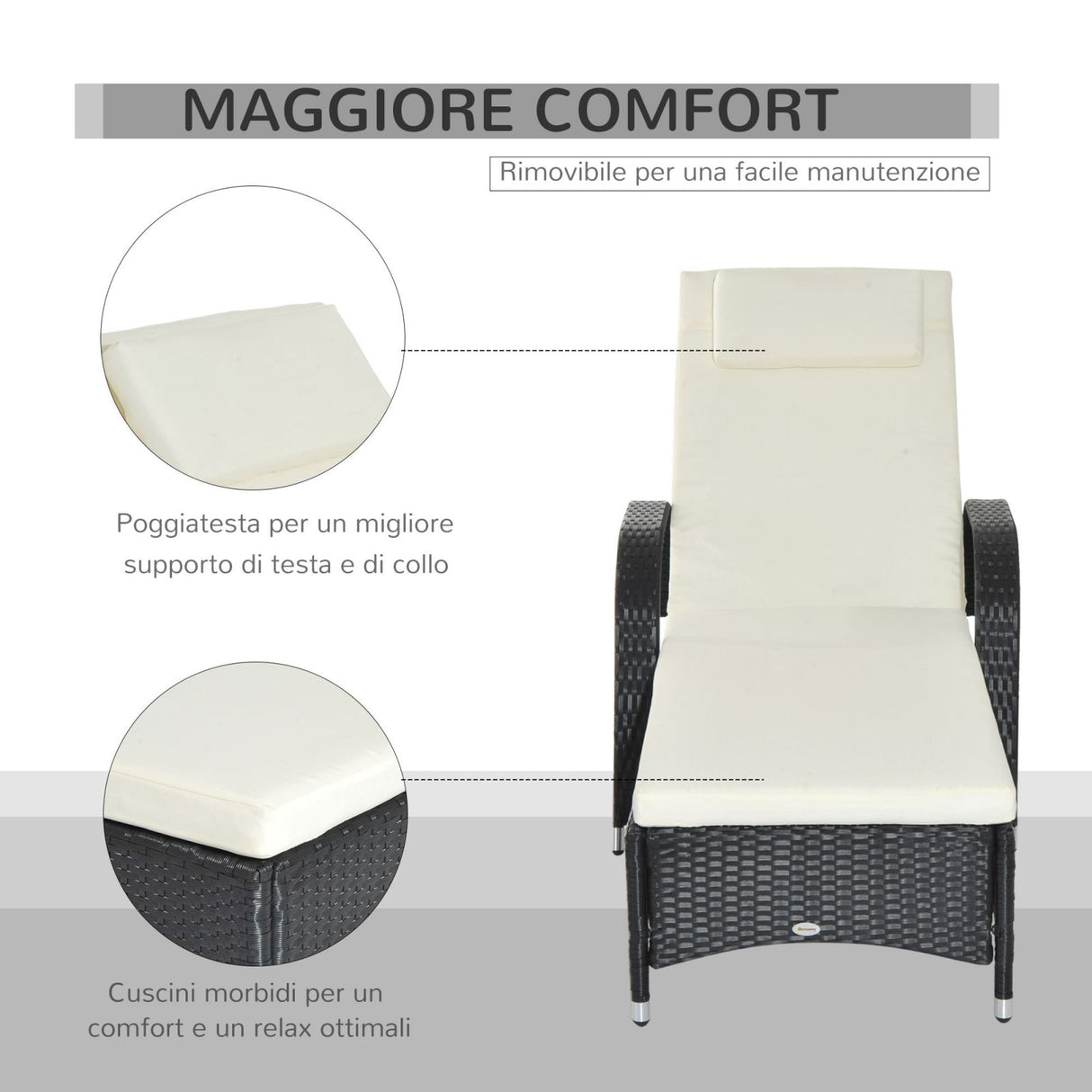 easycomfort easycomfort lettino sdraio reclinabile in pe rattan con materassino imbottito e ruote nero