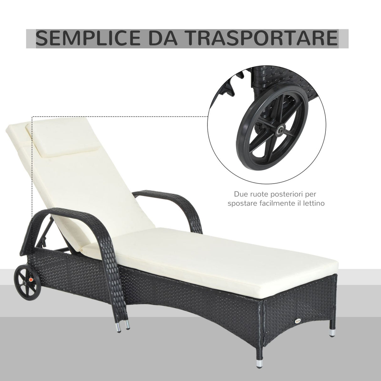 easycomfort easycomfort lettino sdraio reclinabile in pe rattan con materassino imbottito e ruote nero