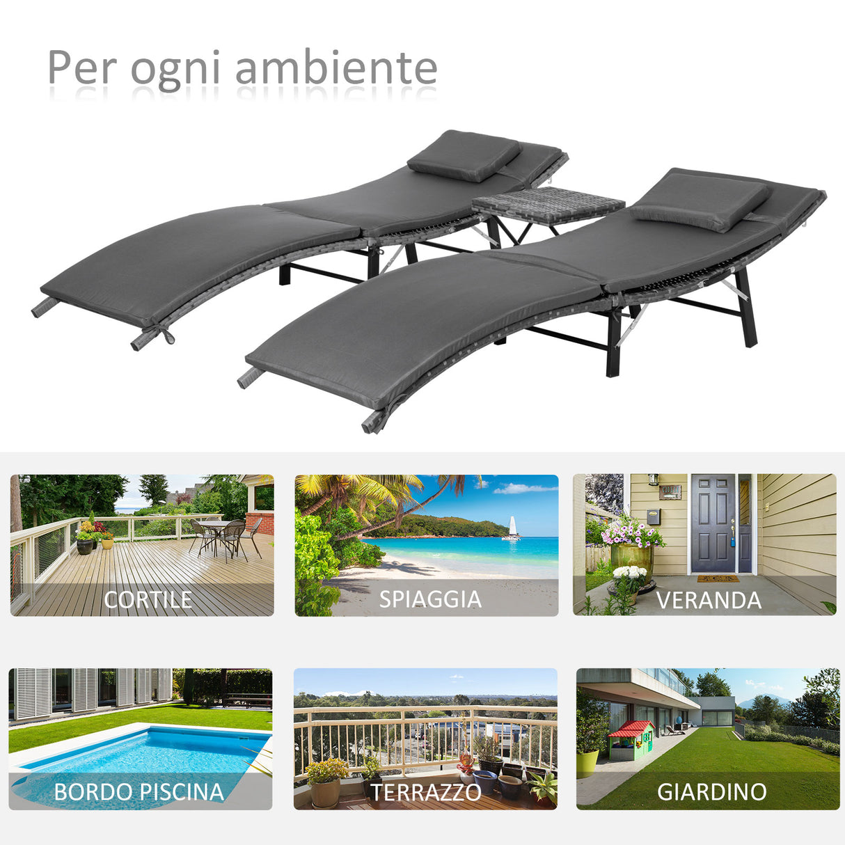 easycomfort lettini prendisole richiudibili con cuscini rimovibili e tavolino pieghevole set 3 pz in rattan grigio 33098