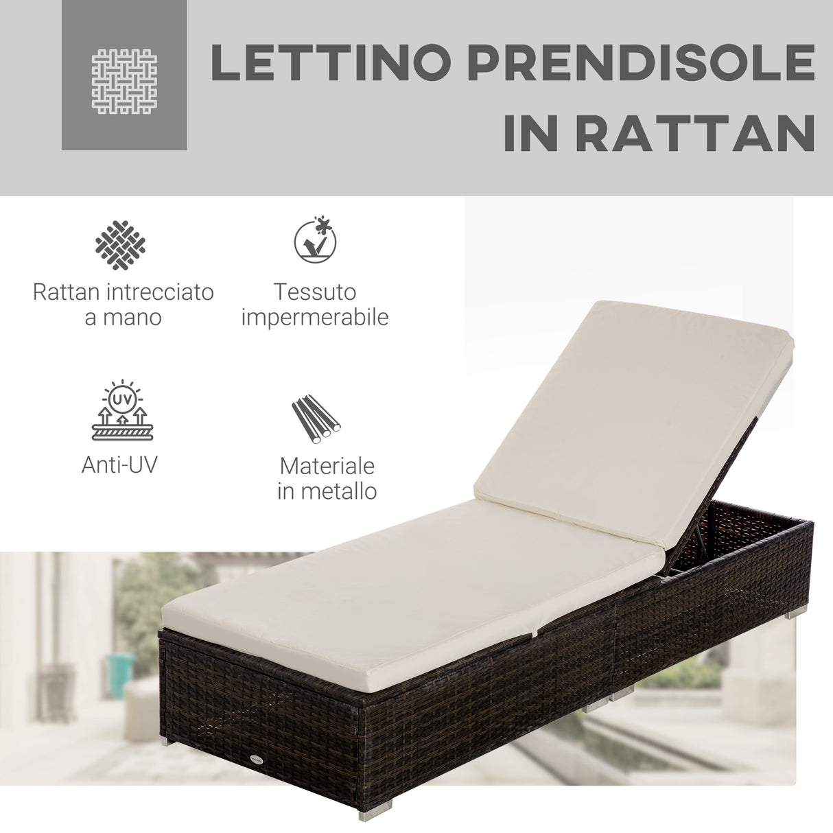 easycomfort easycomfort lettino prendisole in rattan pe con schienale reclinabile su 5 posizioni 195x68x31cm marrone