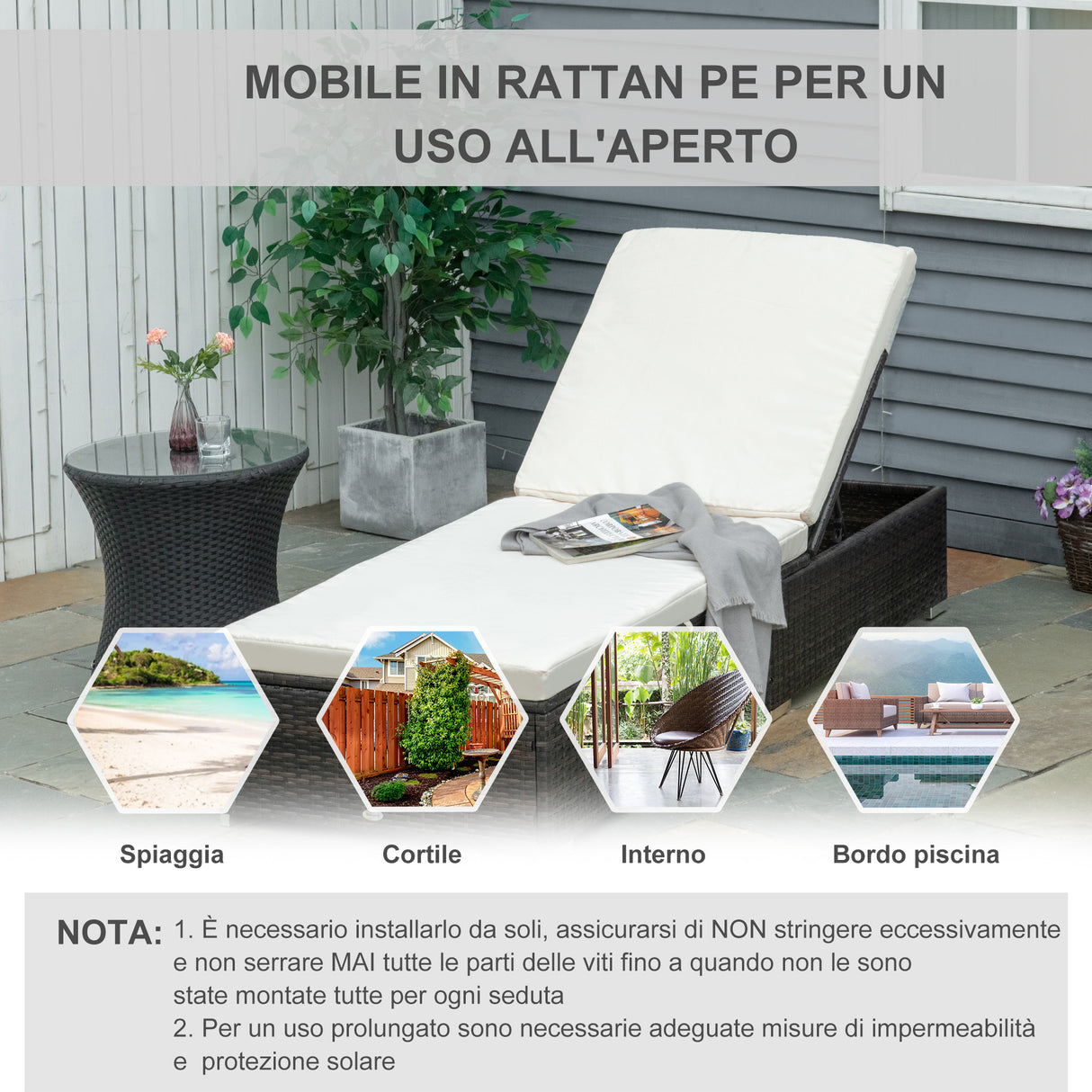 easycomfort easycomfort lettino prendisole in rattan pe con schienale reclinabile su 5 posizioni 195x68x31cm marrone