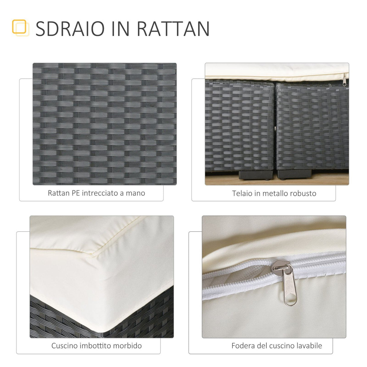 easycomfort easycomfort lettino sdraio prendisole pieghevole in pe rattan nero con materassino bianco crema