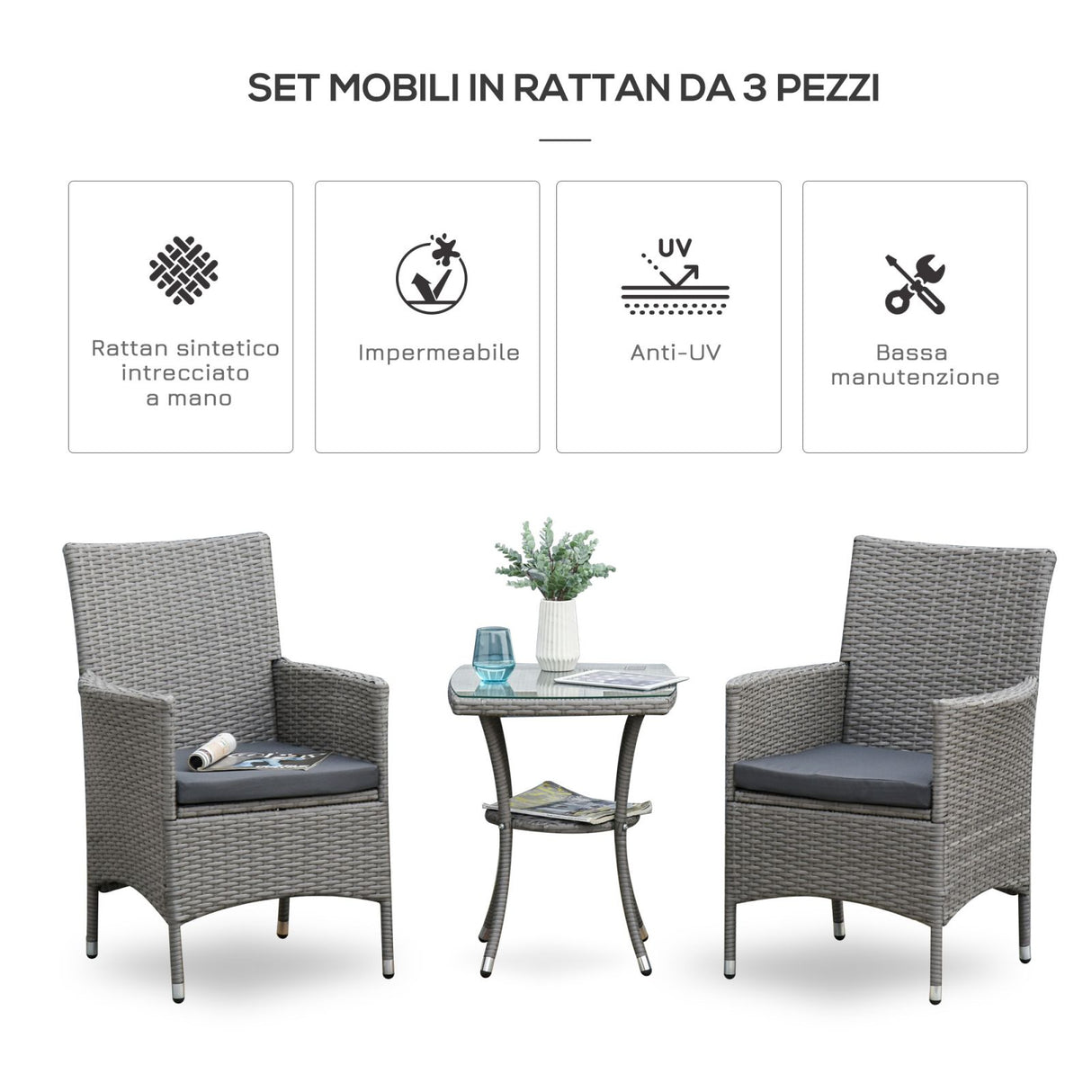 easycomfort easycomfort set tavolino e sedie da esterno in rattan pe grigio