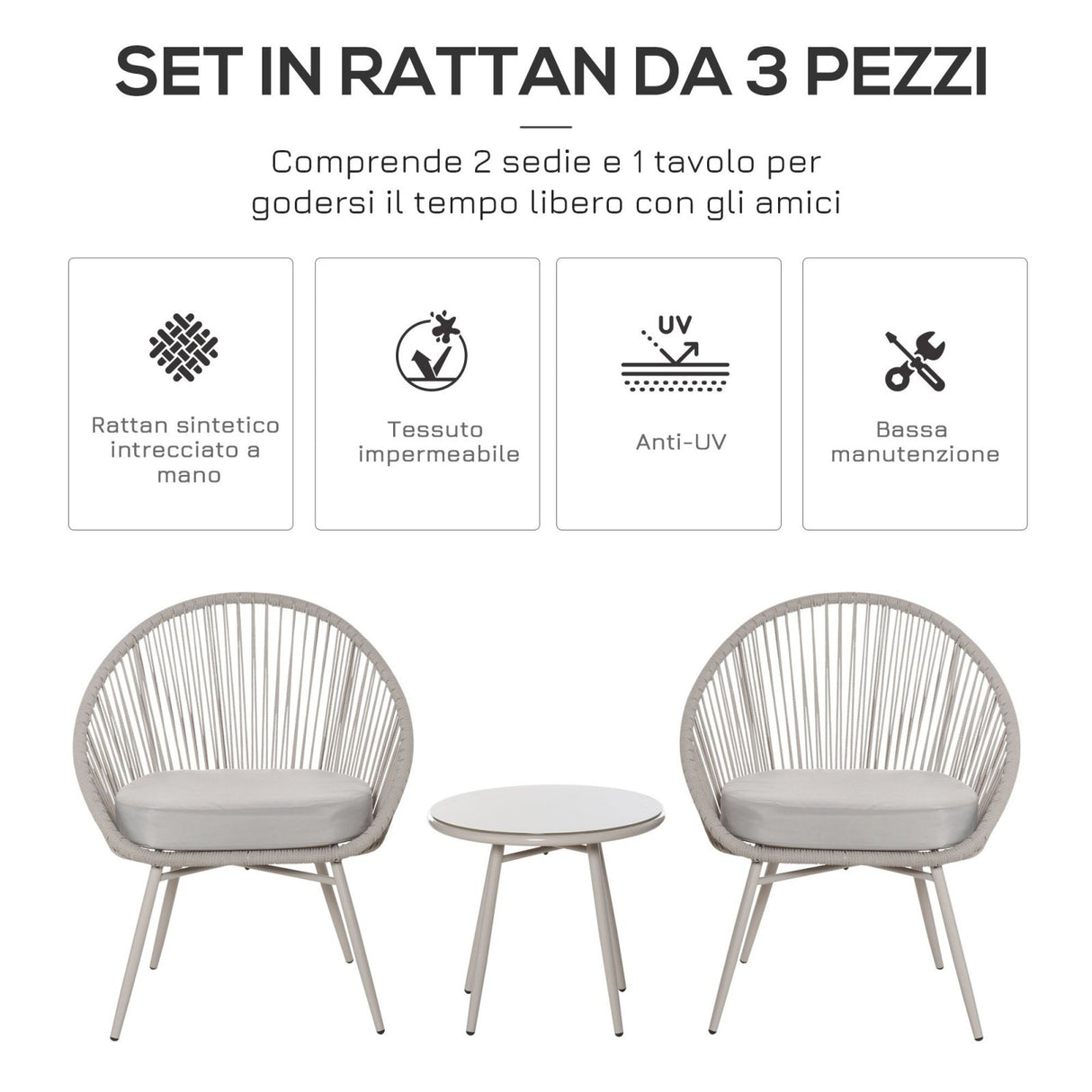 easycomfort easycomfort set poltroncine da giardino intrecciate in pe rattan con tavolino bianco crema