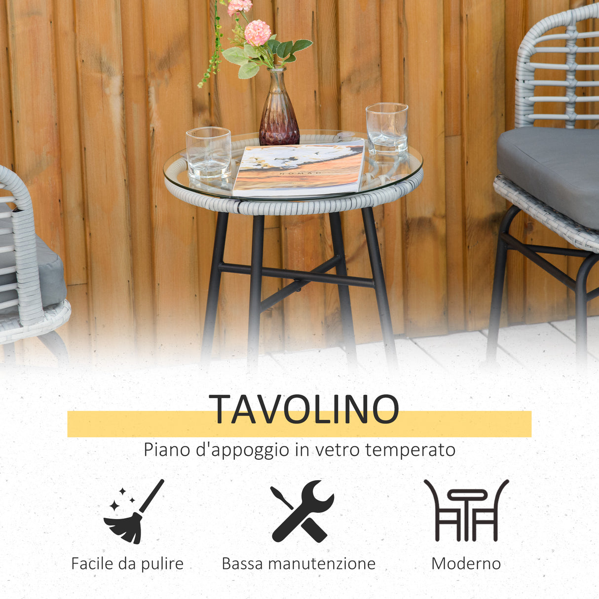 easycomfort set 3pz mobili da giardino in rattan sintetico con 1 tavolino e 2 sedie grigio