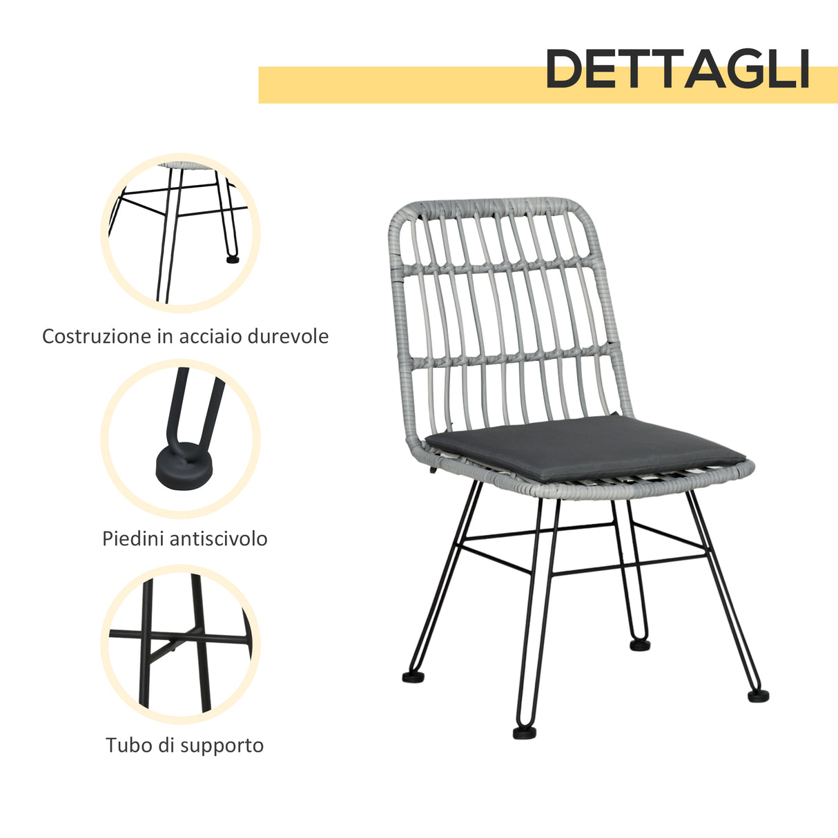 easycomfort set mobili da giardino 3 pezzi con tavolino e sedie in rattan pe poilestere e acciaio per esterni grigio