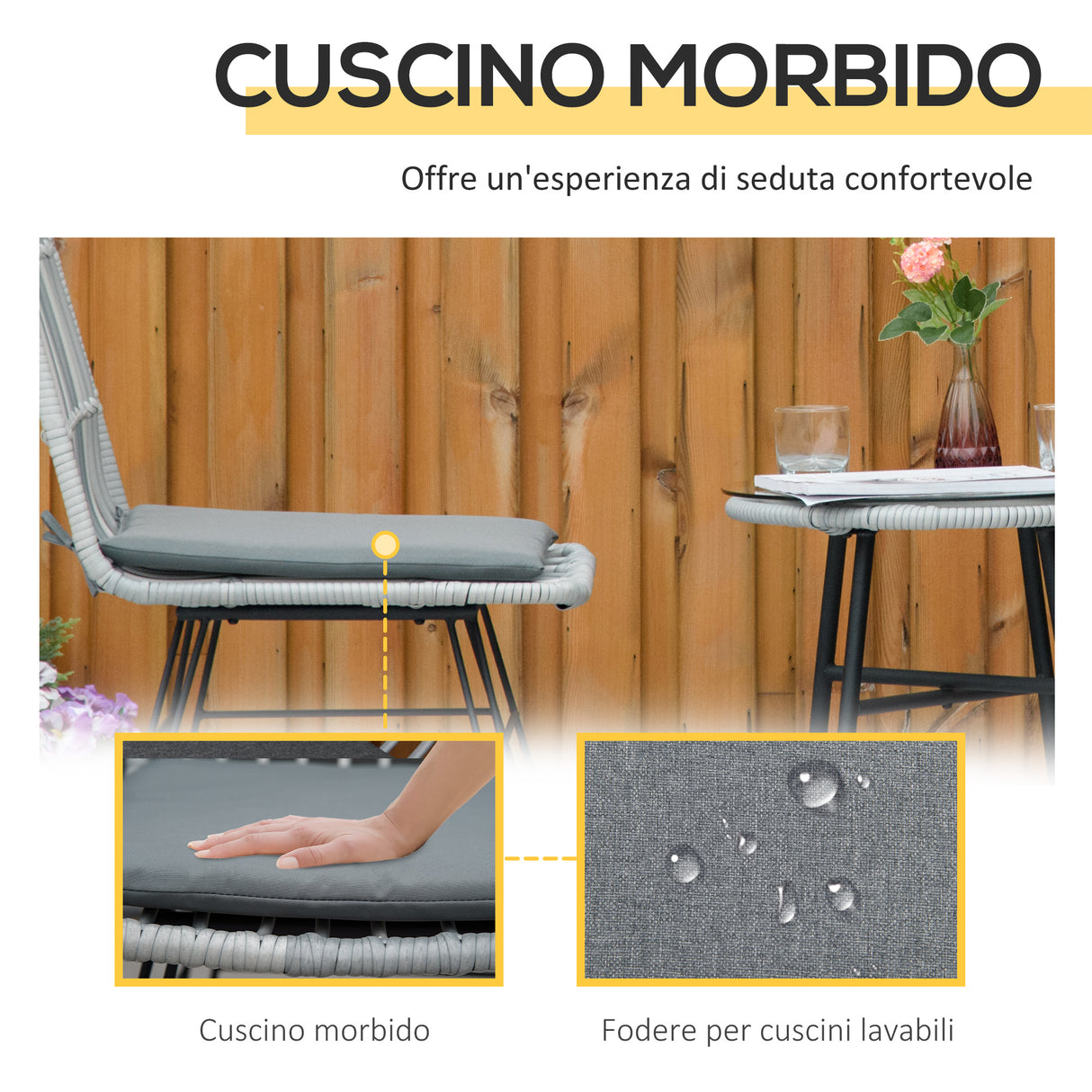 easycomfort set mobili da giardino 3 pezzi con tavolino e sedie in rattan pe poilestere e acciaio per esterni grigio