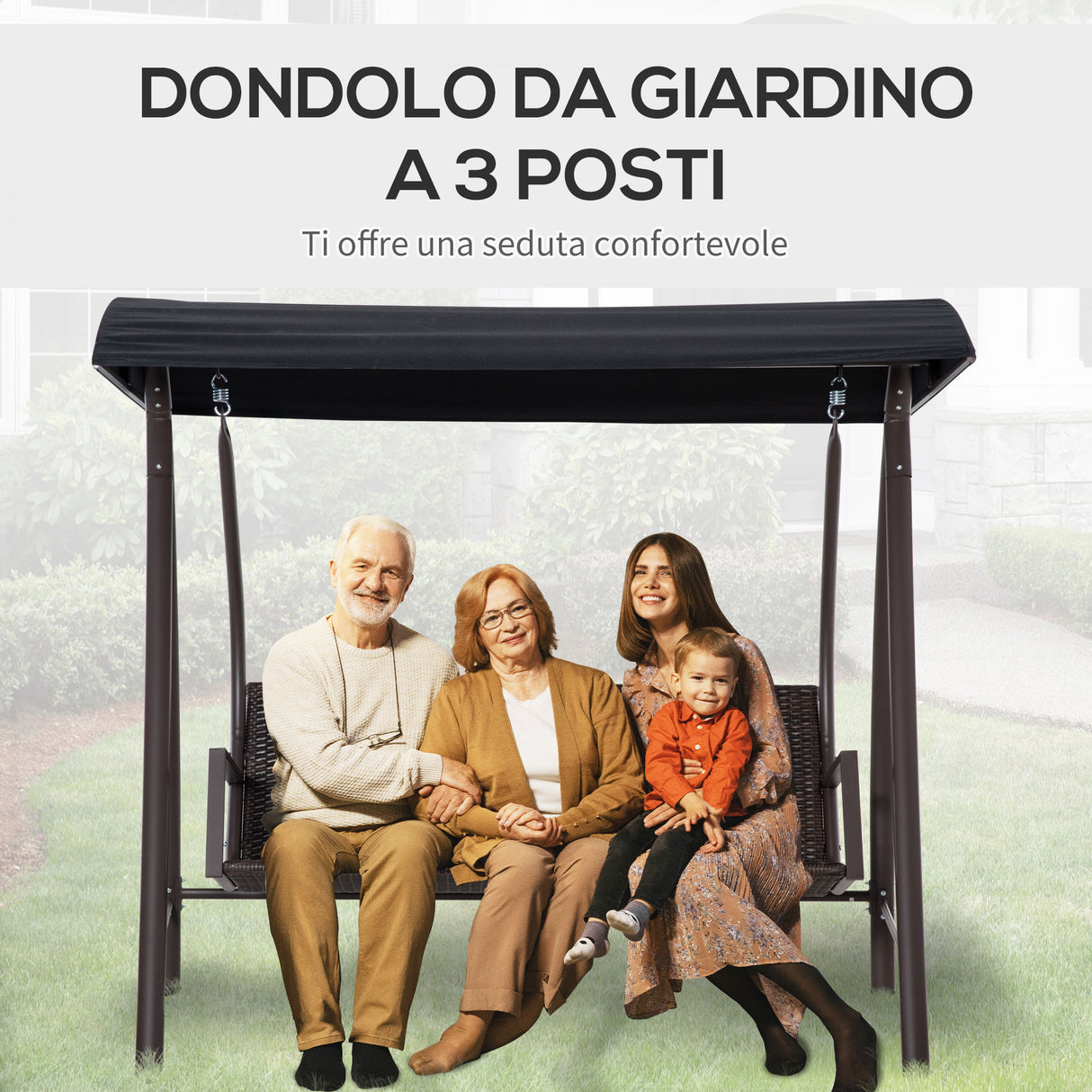 easycomfort dondolo da giardino 3 posti in rattan pe e metallo con tettuccio e cuscini sfoderabili 198x124x179cm marrone 33105