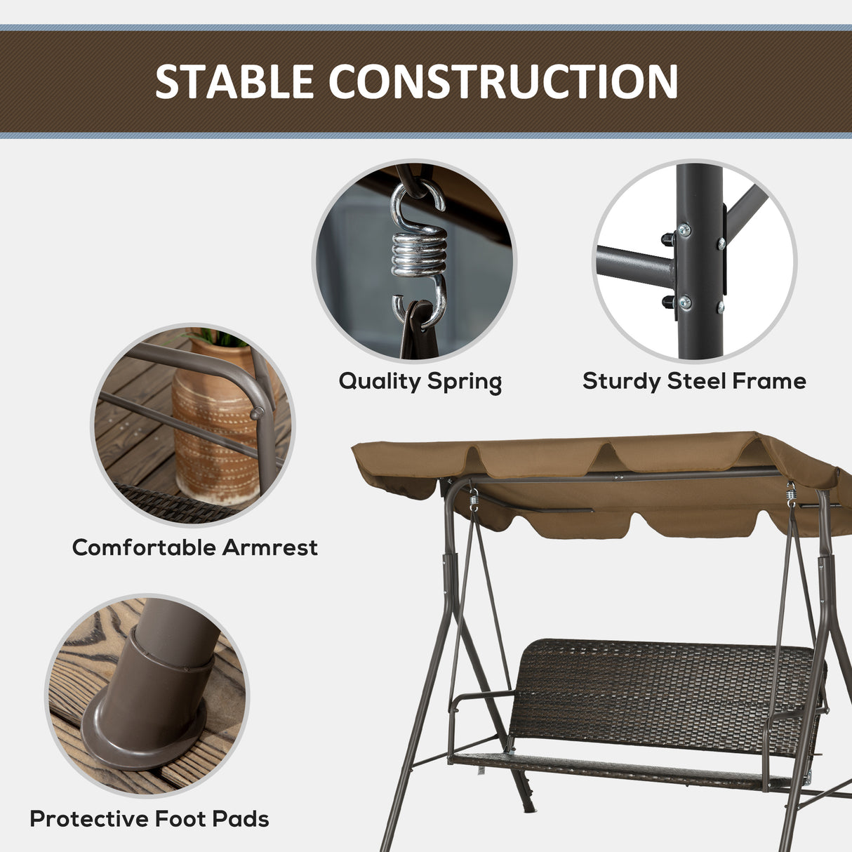 easycomfort dondolo da giardino 3 posti con tettuccio regolabile in rattan pe e acciaio 167x112x153cm