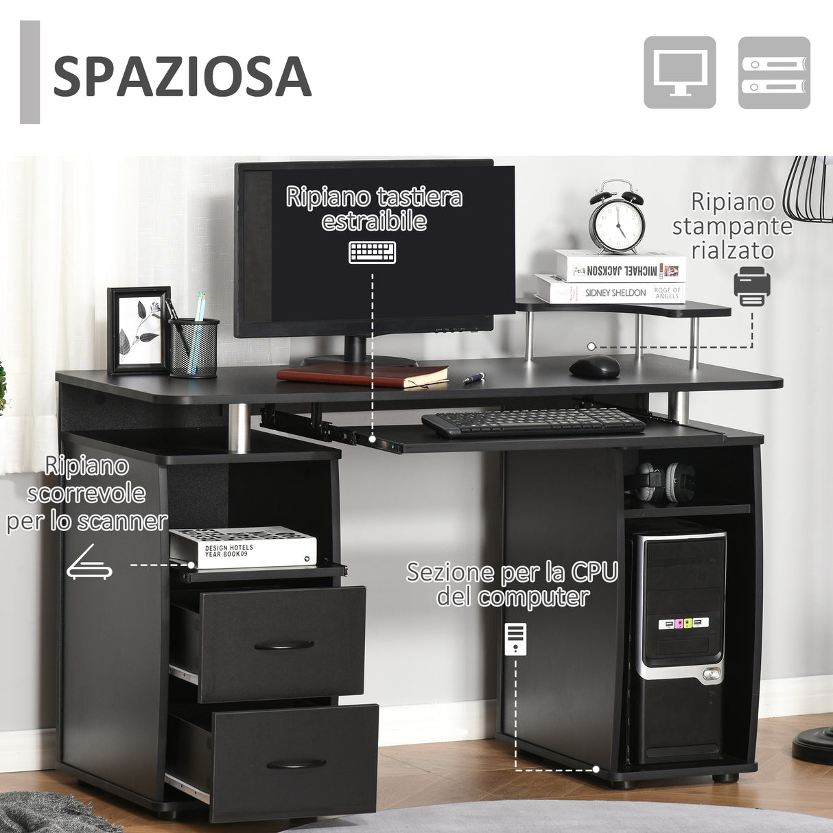 easycomfort easycomfort scrivania per computer moderna porta pc scrivania da ufficio in legno con cassetti mensola estraibile e porta tastiera 120x55x85cm nero