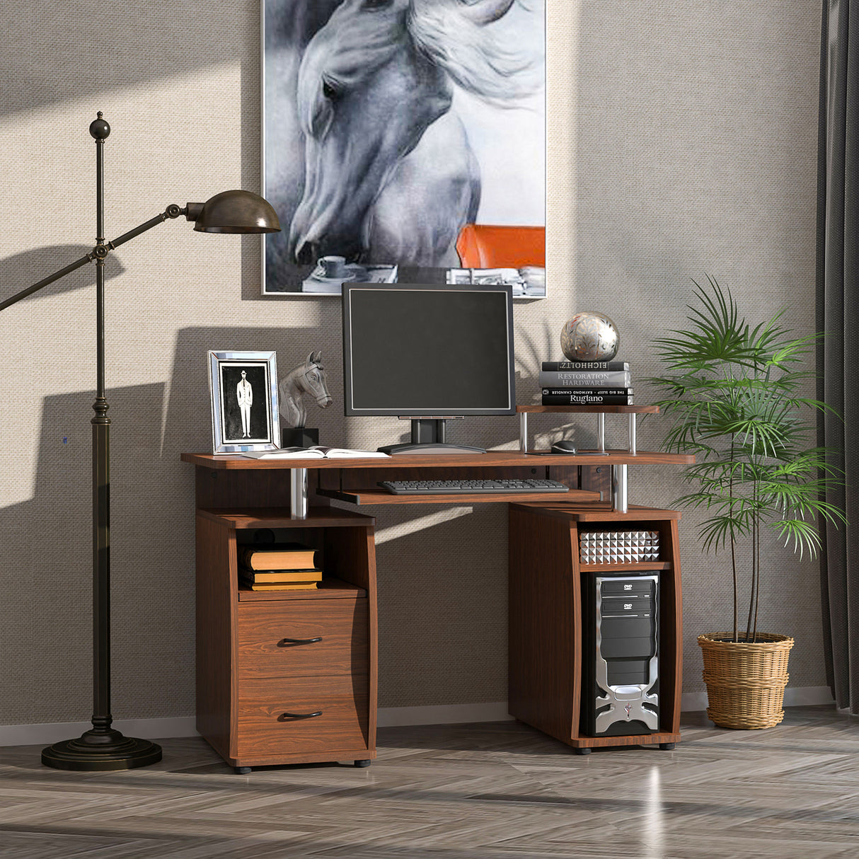 easycomfort easycomfort scrivania per computer moderna porta pc in legno con cassetti scrivania salvaspazio con libreria mensola estraibile e porta tastiera 120x55x85cm marrone ean 8054144132327