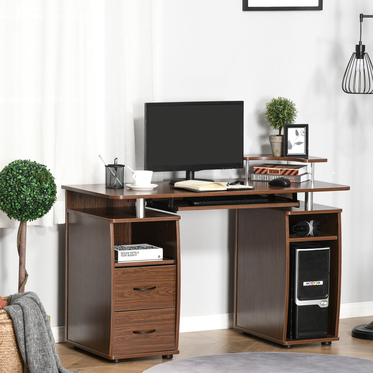easycomfort easycomfort scrivania per computer moderna porta pc in legno con cassetti scrivania salvaspazio con libreria mensola estraibile e porta tastiera 120x55x85cm marrone ean 8054144132327