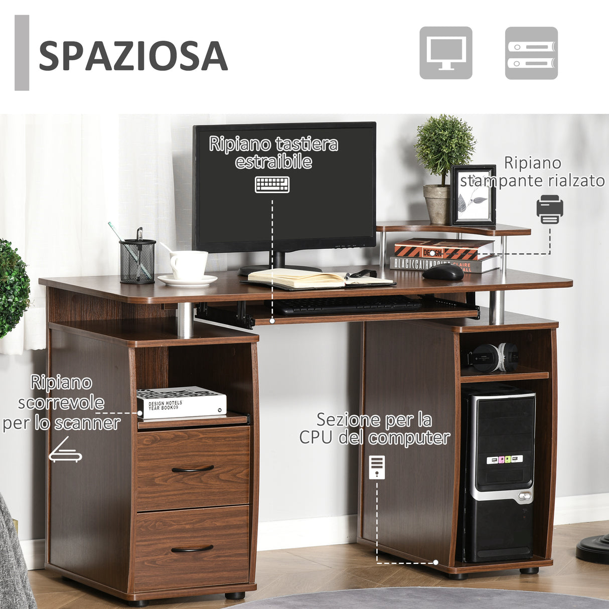 easycomfort easycomfort scrivania per computer moderna porta pc in legno con cassetti scrivania salvaspazio con libreria mensola estraibile e porta tastiera 120x55x85cm marrone ean 8054144132327