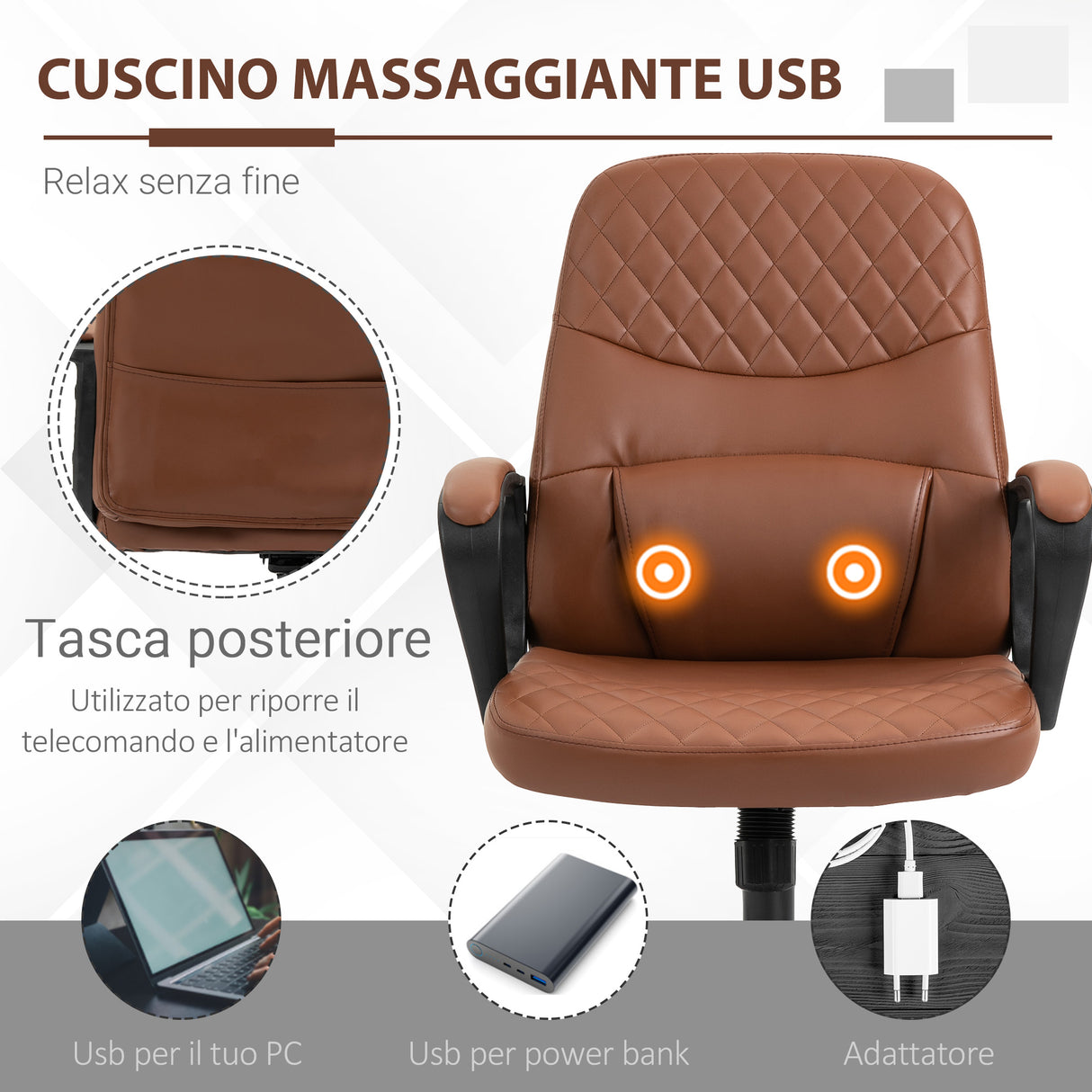easycomfort easycomfort sedia da ufficio a dondolo con 2 punti massaggianti e porta usb poltrona da ufficio in finta pelle marrone con altezza regolabile 59x63x92 101cm ean 8054144136585