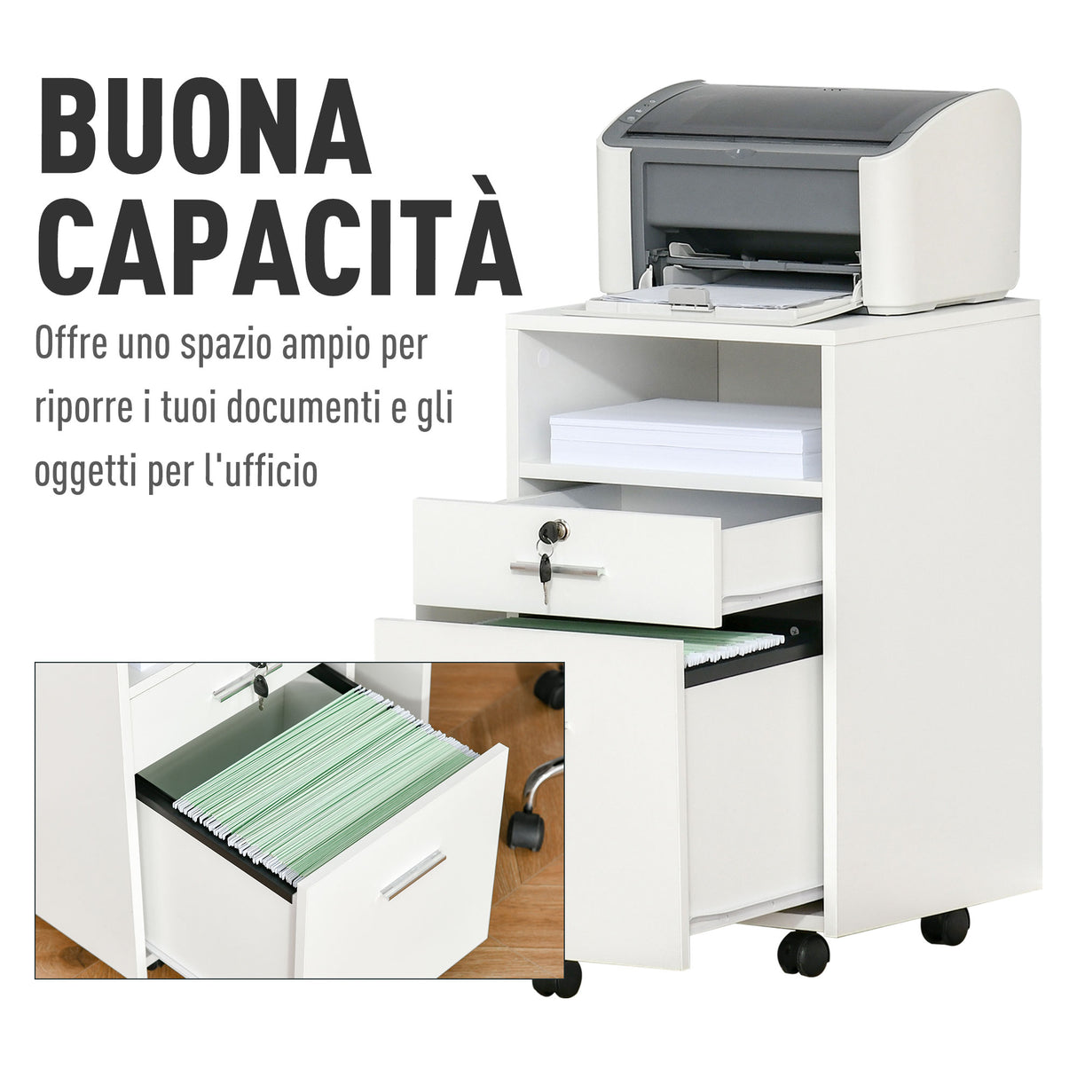 easycomfort easycomfort cassettiera da ufficio cassettiera per scrivania portadocumenti e porta stampante 2 chiavi bianca
