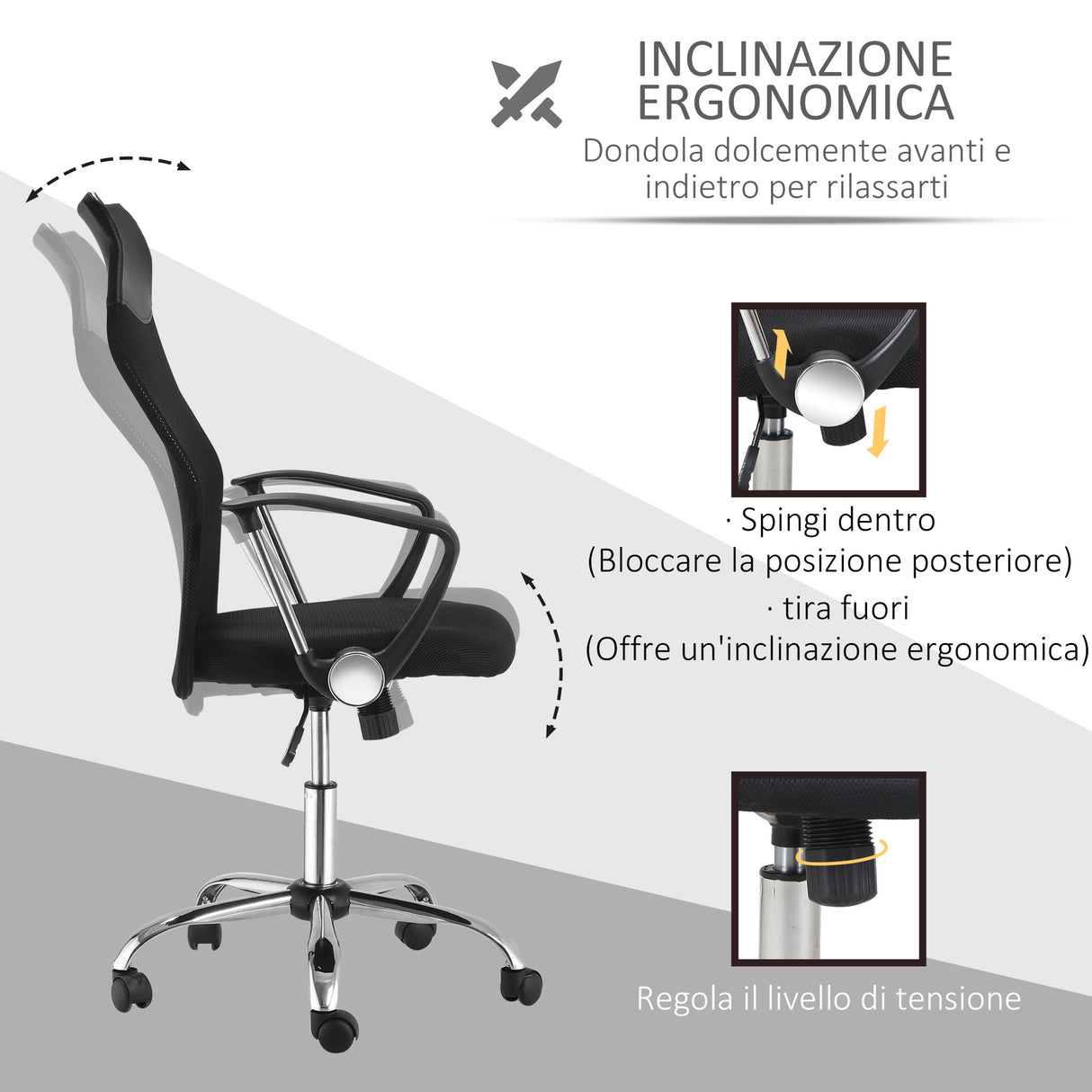 easycomfort easycomfort sedia ergonomica da ufficio girevole e dondolo con ruote altezza regolabile e schienale a rete 63x65x109 119cm nero