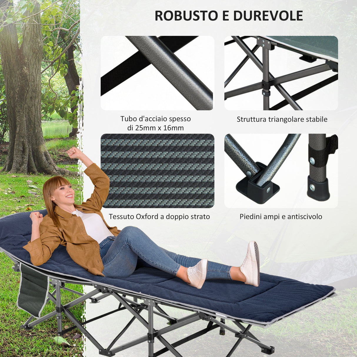 easycomfort lettino pieghevole da campeggio per adulti con cuscino e borsa trasporto 188x64.5x53cm blu
