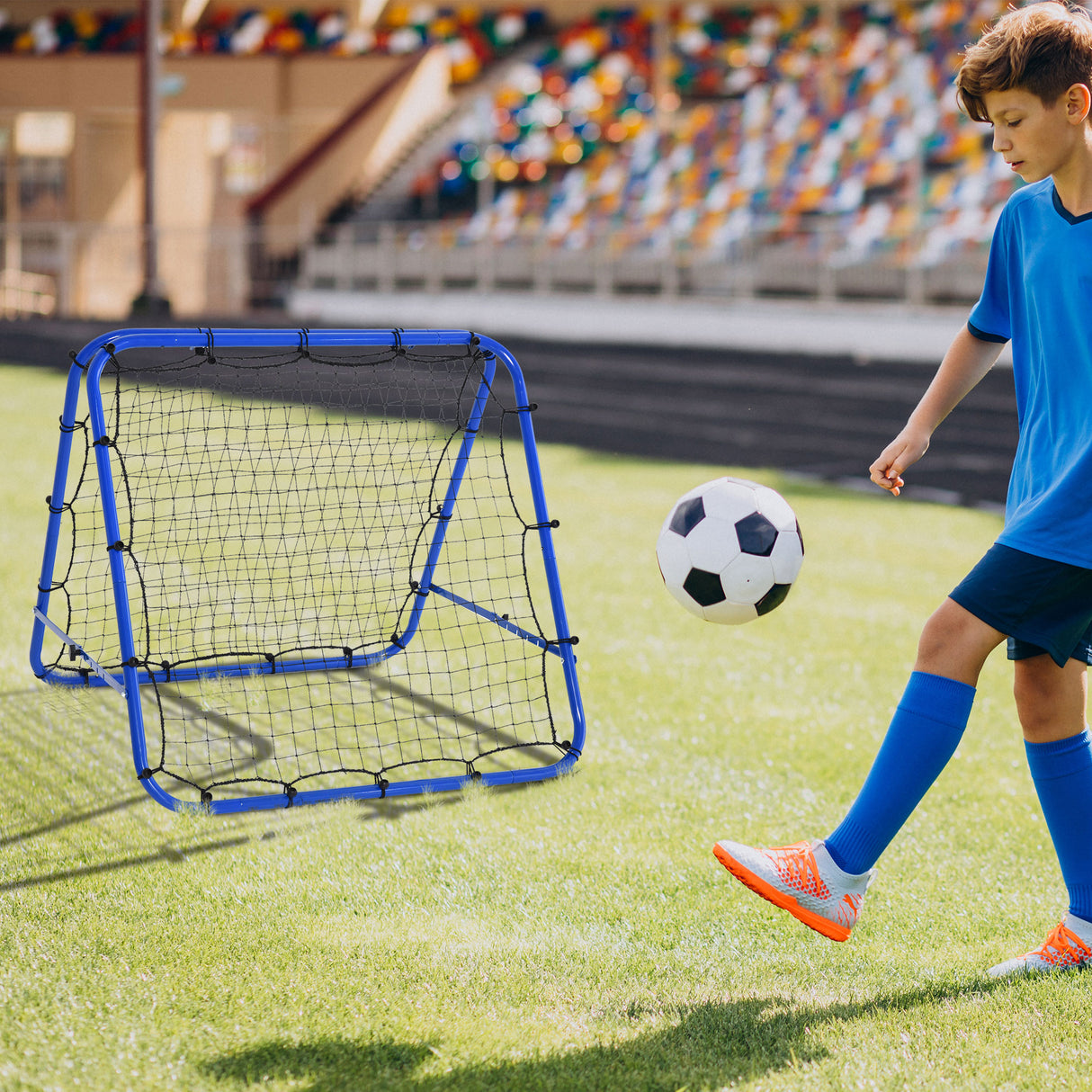 easycomfort easycomfort rete da calcio rebounder pieghevole con angolo regolabile e picchetti 100x95x90 cm blu