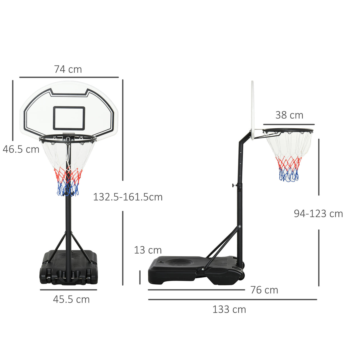 easycomfort canestro basket per bambini ad altezza regolabile 132.5 161.5 cm con base riempibile e ruote multicolore