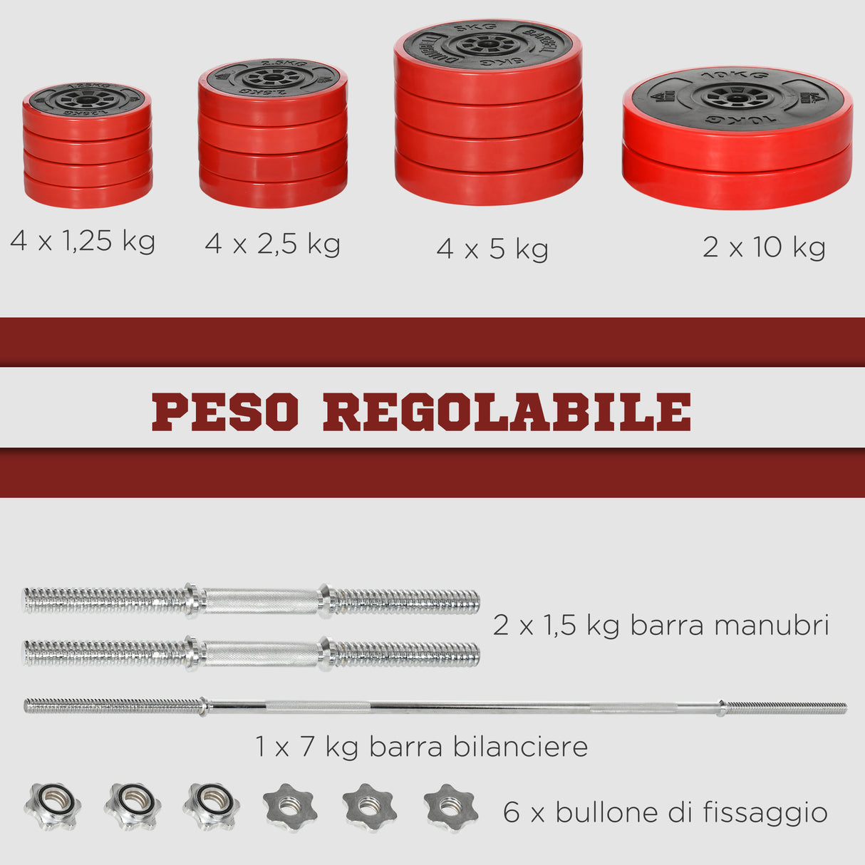easycomfort area occasioni easycomfort set bilanciere e dischi 65kg totali per workout in casa in metallo sabbia di ferro e gomma rosso