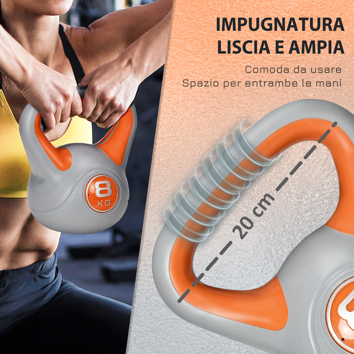 easycomfort easycomfort kettlebell 8kg in pu e sabbia con base piatta e impugnatura per stacchi squat e sollevamenti 20x14x24 cm arancione