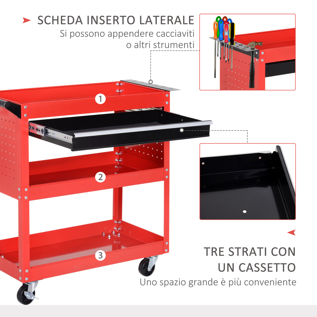 easycomfort carrello portautensili da officina rosso 70x35x75.5cm