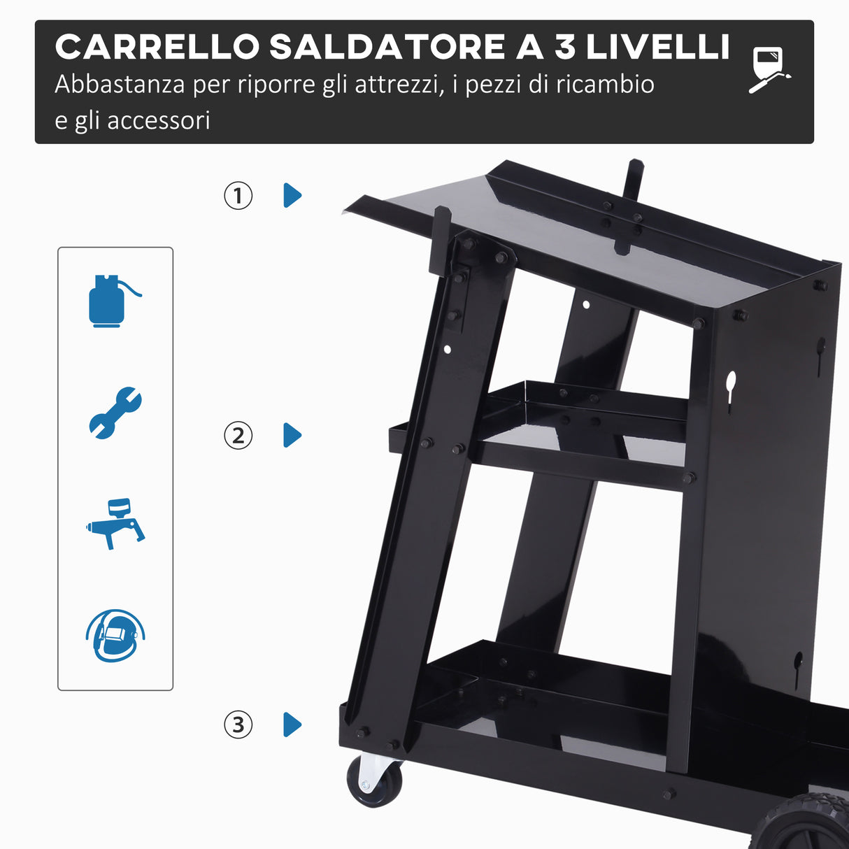 easycomfort carrello porta utensili attrezzi 3 ripiani 4 ruote in gomma max. 50kg da officina acciaio 71 x 70 x 39cm nero