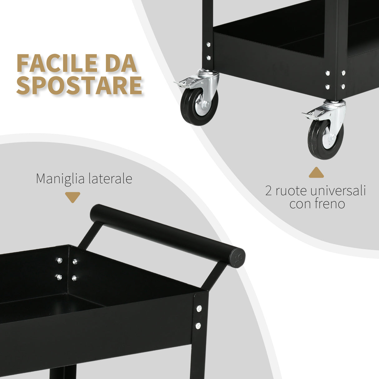 easycomfort carrello porta attrezzi a 2 ripiani in acciaio 84.5x38x84cm nero