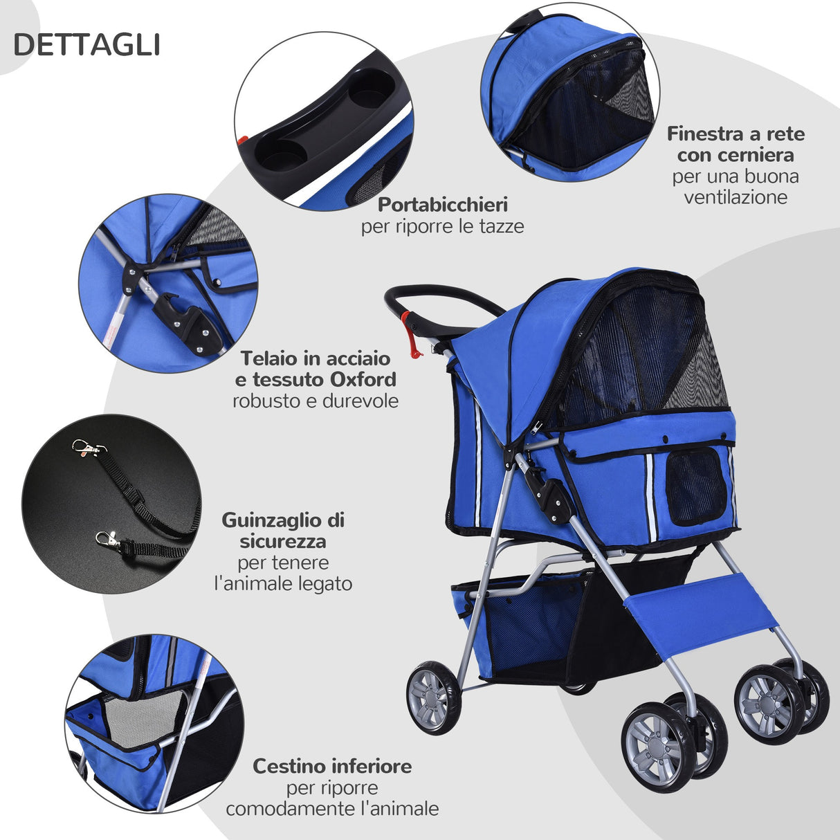 easycomfort easycomfort passeggino per cani pieghevole in tessuto con cestino e portabicchieri 75x45x97 cm blu