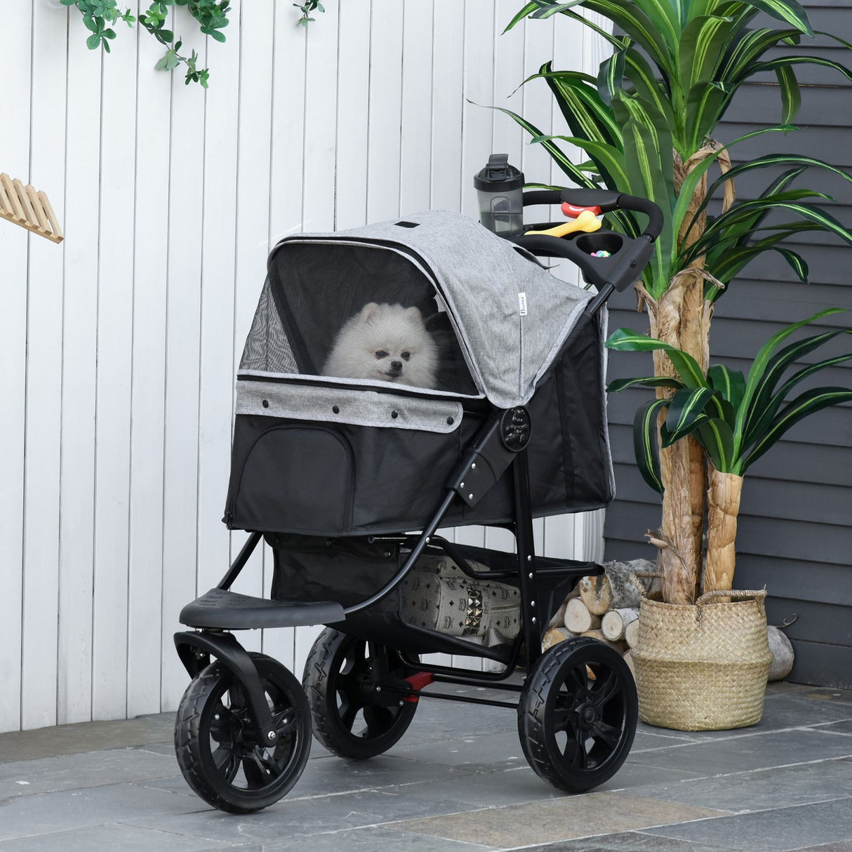 easycomfort passeggino per cani pieghevole a 3 ruote con freno cestino portaoggetti e porta bottiglia in acciaio e oxford grigio e nero 109.5x54.5x106.5cm