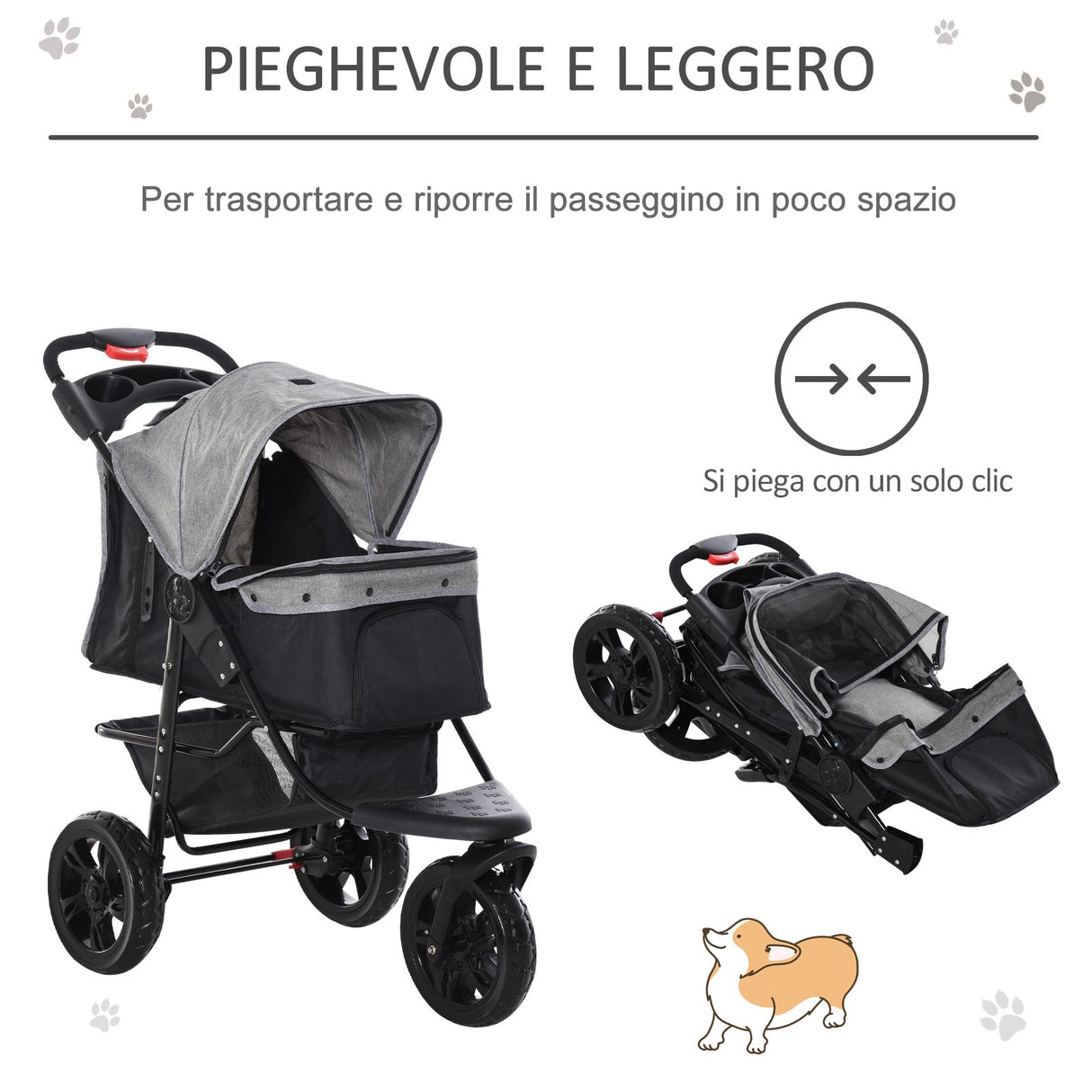 easycomfort passeggino per cani pieghevole a 3 ruote con freno cestino portaoggetti e porta bottiglia in acciaio e oxford grigio e nero 109.5x54.5x106.5cm