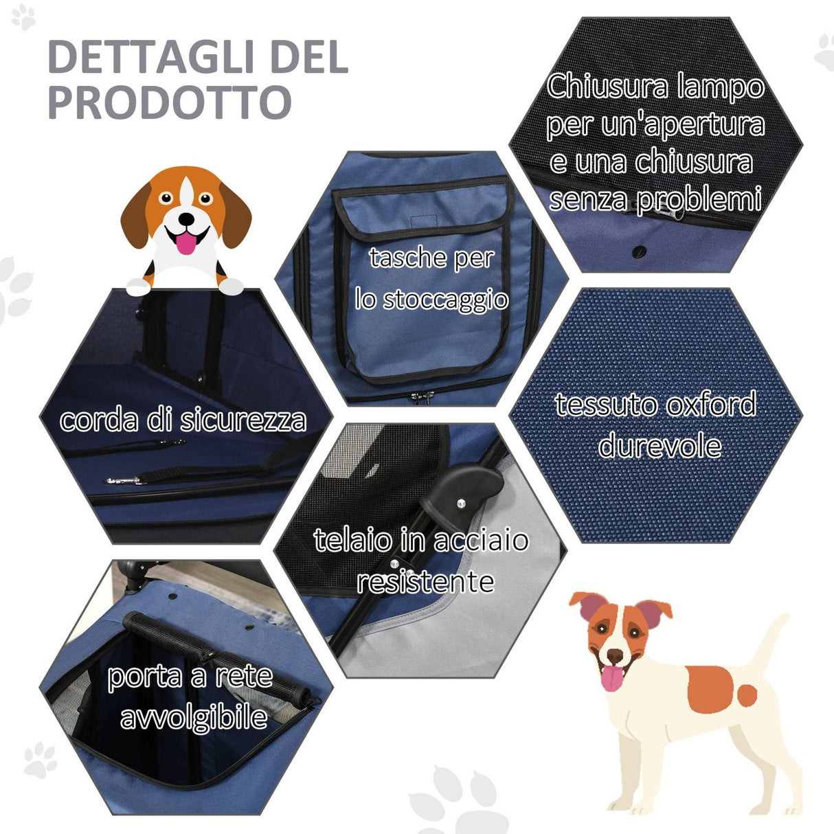 easycomfort passeggino per cani fino a 30kg pieghevole con manubrio regolabile grigio e blu