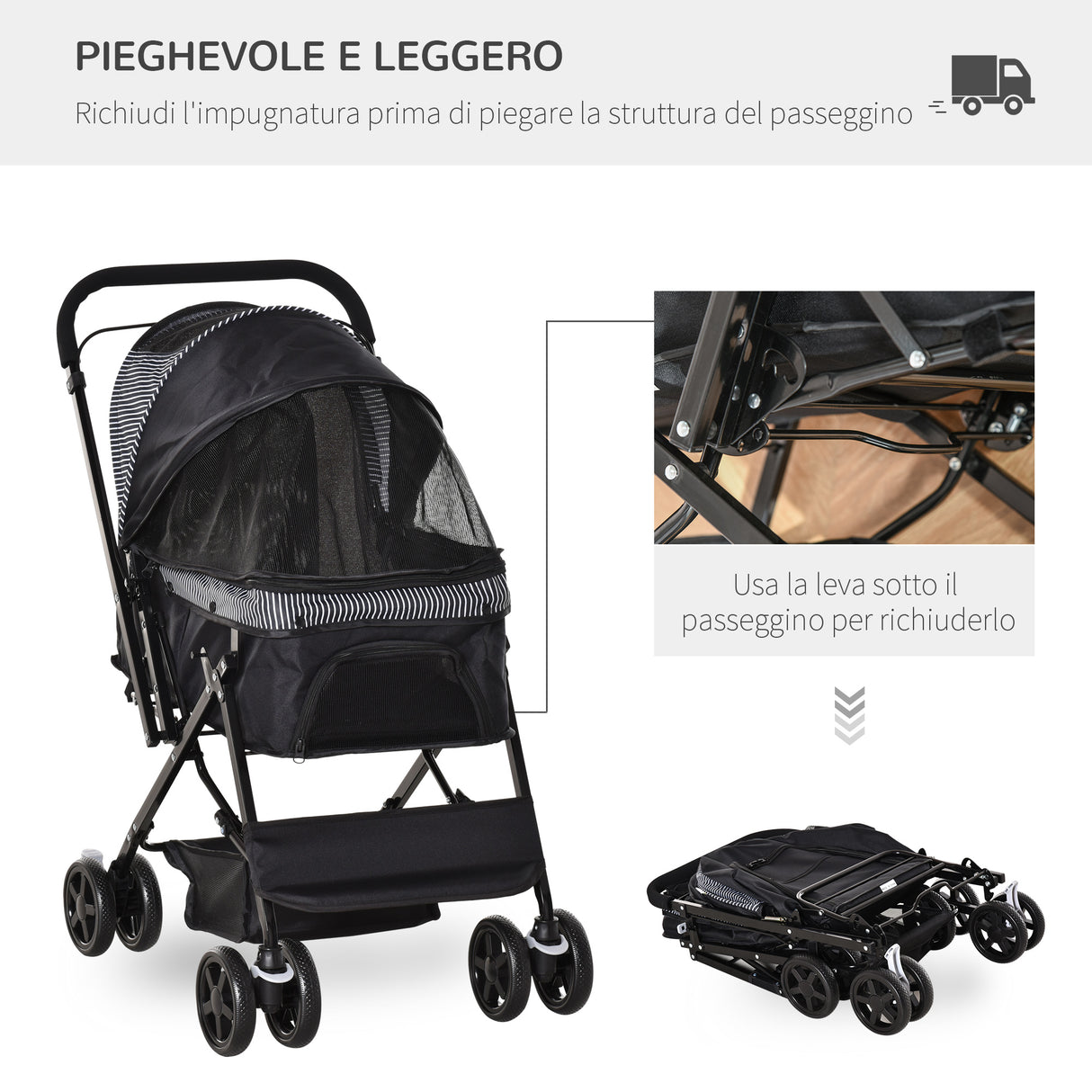 easycomfort passeggino per cani piccoli pieghevole con maniglione girevole ruote in eva e cestino portaoggetti nero