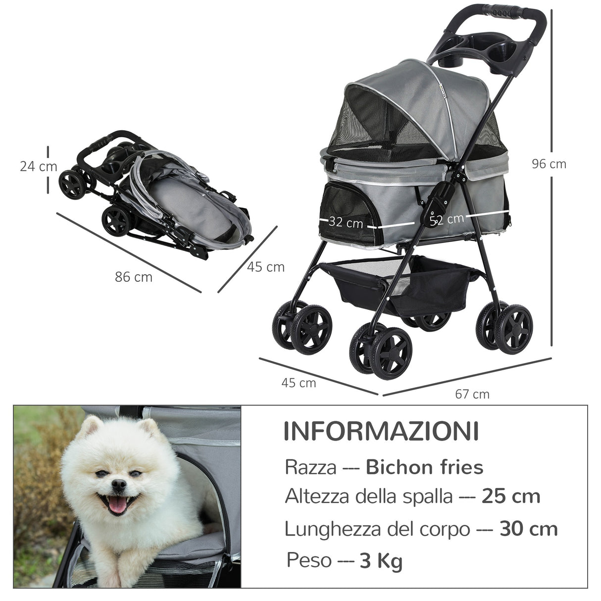 easycomfort passeggino per cani piccoli pieghevole con guinzaglio di sicurezza e cestino portaoggetti grigio