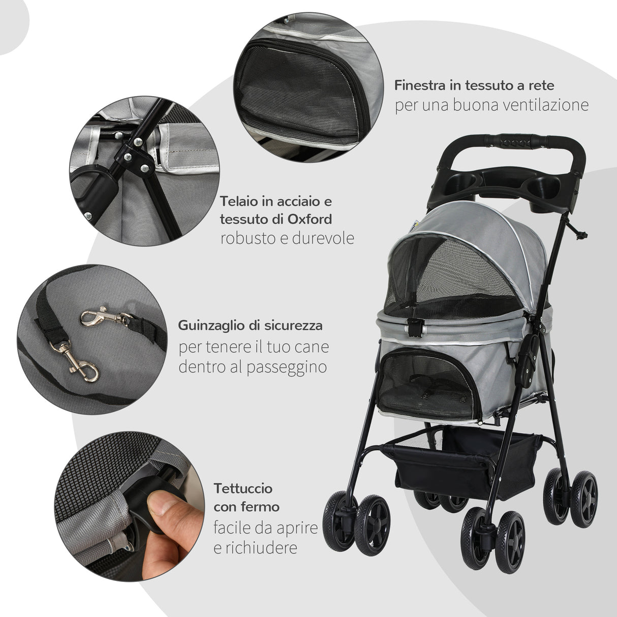 easycomfort passeggino per cani piccoli pieghevole con guinzaglio di sicurezza e cestino portaoggetti grigio