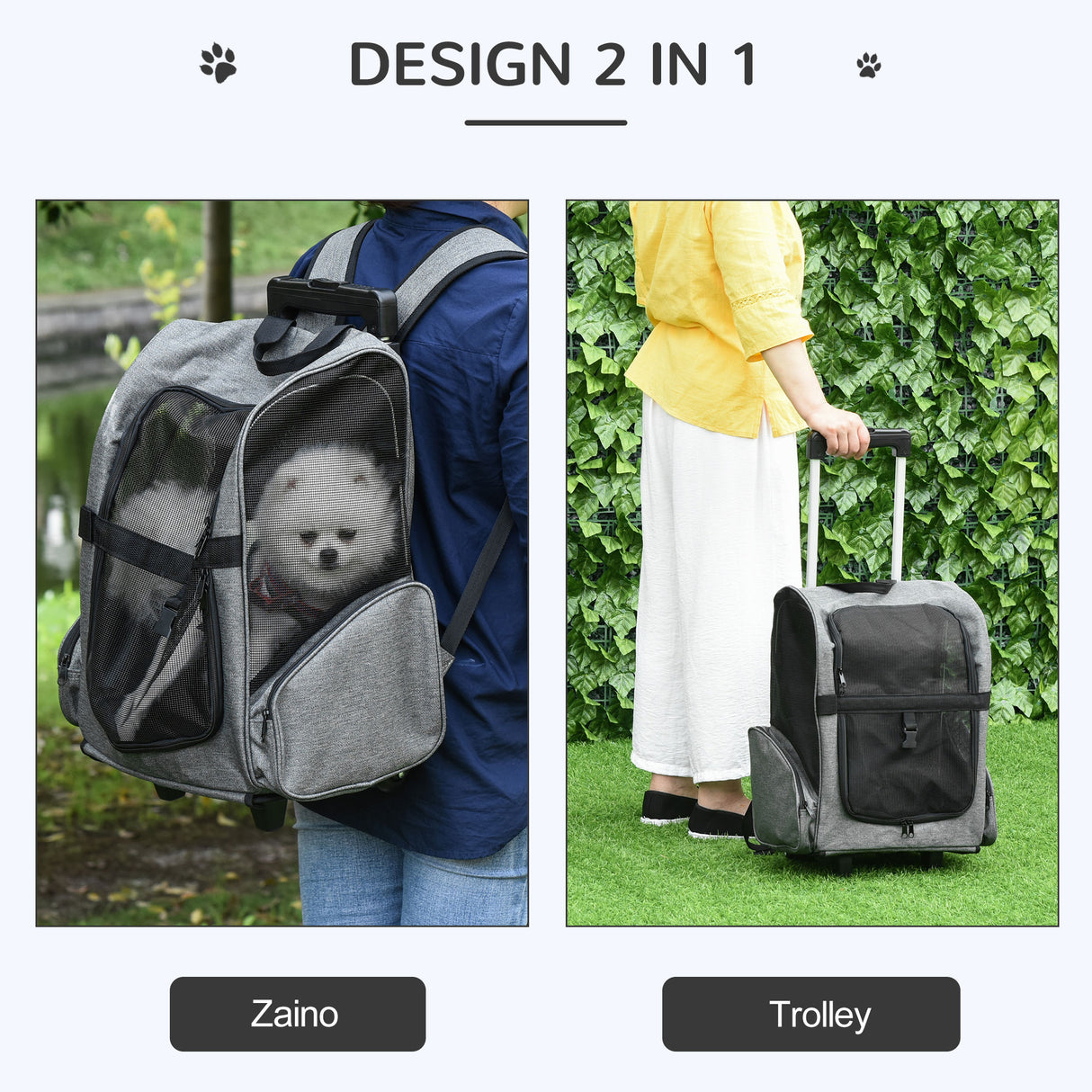 easycomfort trasportino zaino per cani e gatti con tasche laterali maniglia telescopica e ruote 42x25x55cm grigio