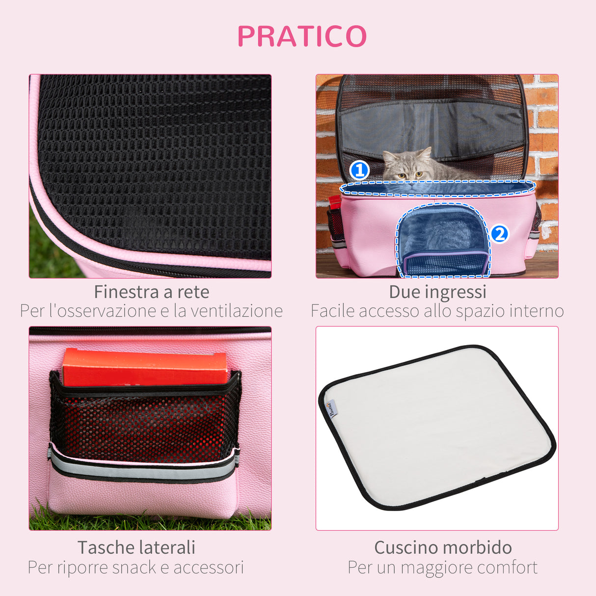easycomfort borsa trasportino per cani e gatti con 2 porte a cerniera 50x35x36cm rosa