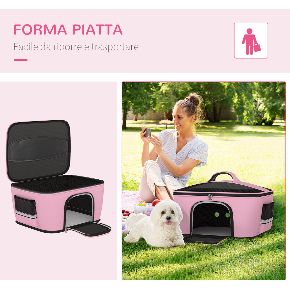 easycomfort borsa trasportino per cani e gatti con 2 porte a cerniera 50x35x36cm rosa