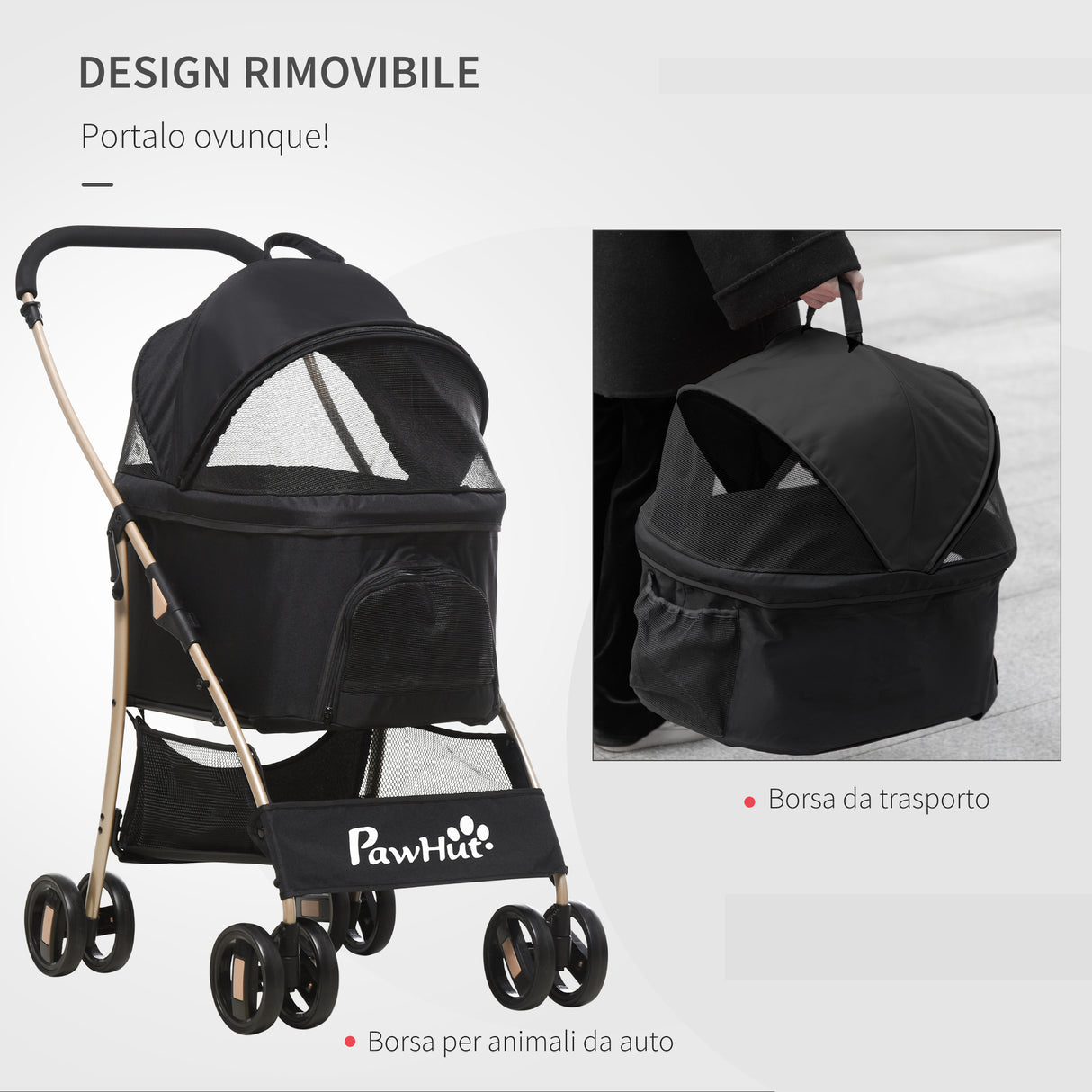 easycomfort passeggino per cani pieghevole con trasportino rimovibile e tettuccio 82x49.5x98cm nero