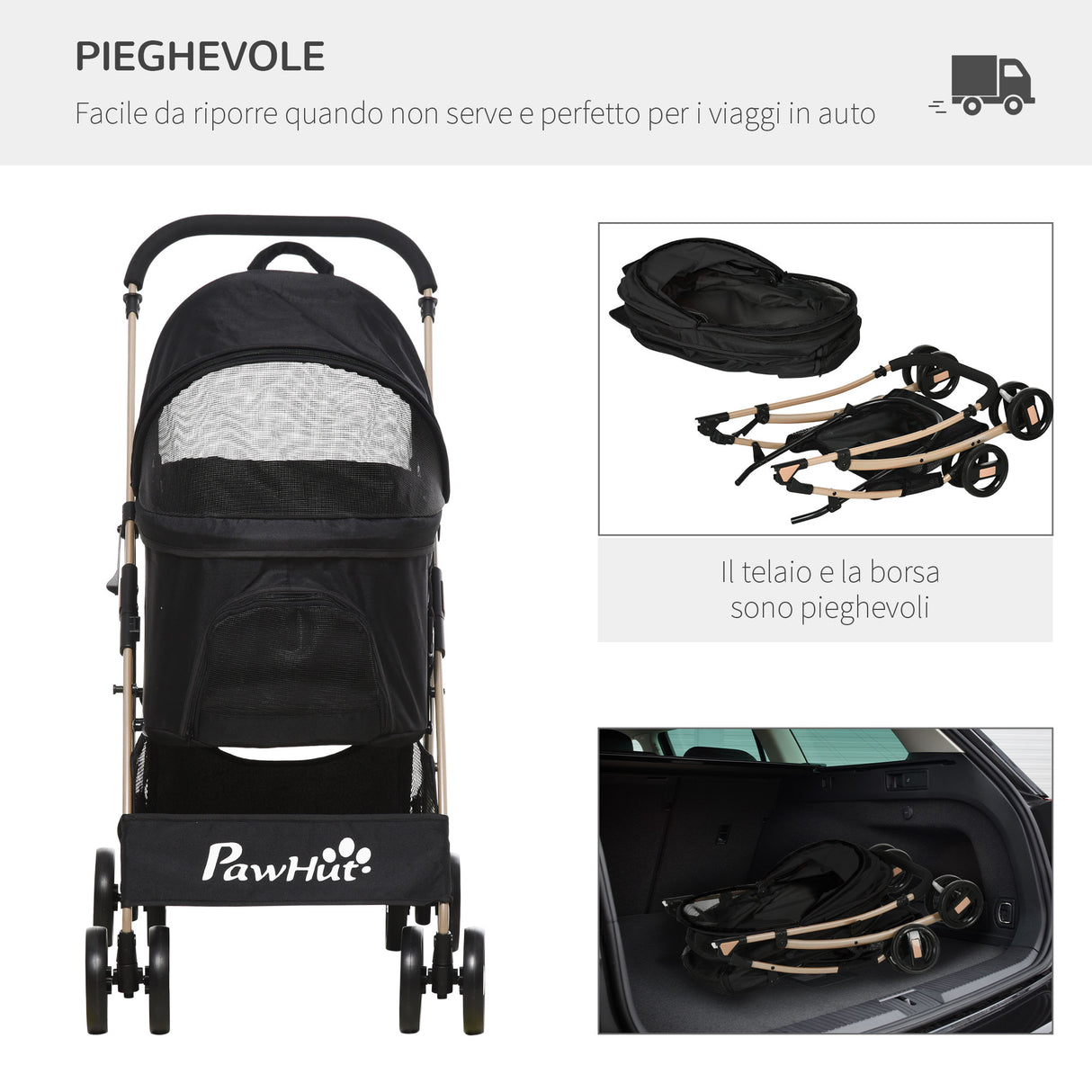 easycomfort passeggino per cani pieghevole con trasportino rimovibile e tettuccio 82x49.5x98cm nero