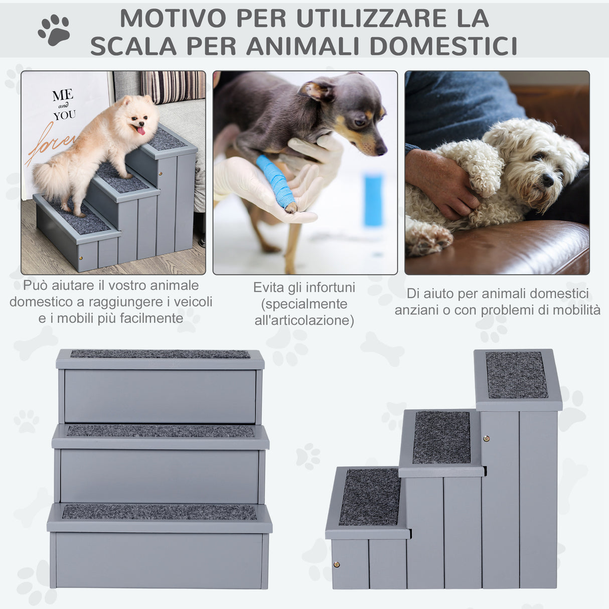 easycomfort scaletta per cani a 3 gradini con tappeto antiscivolo e spazio interno 40.5x44.5x38cm grigio