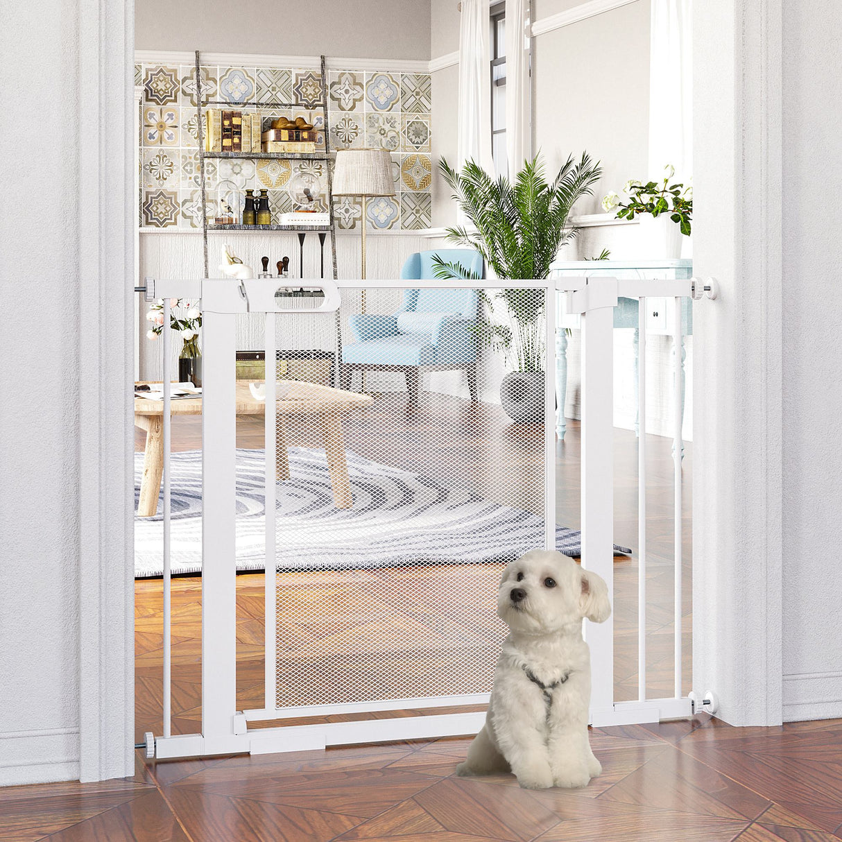 easycomfort cancellino per cani estensibile a pressione con chiusura automatica per spazi da 75 103cm bianco