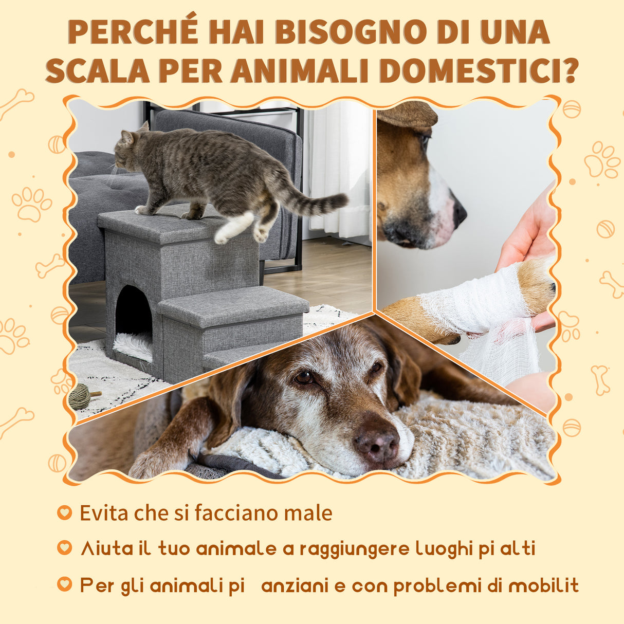 easycomfort scaletta per cani e gatti 10kg max a 3 gradini con casetta per cani e spazio portaoggetti 73.5x33x40.5 cm grigio