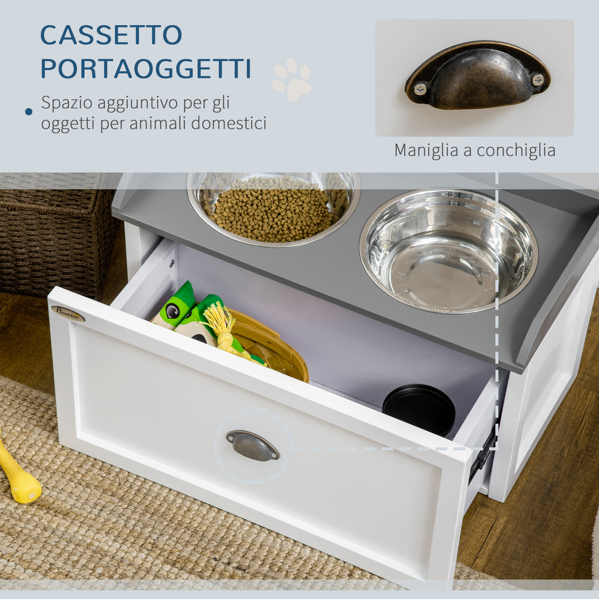 easycomfort ciotole per cani rialzate in acciaio inox e legno con cassetto 60x30x36cm bianco e grigio