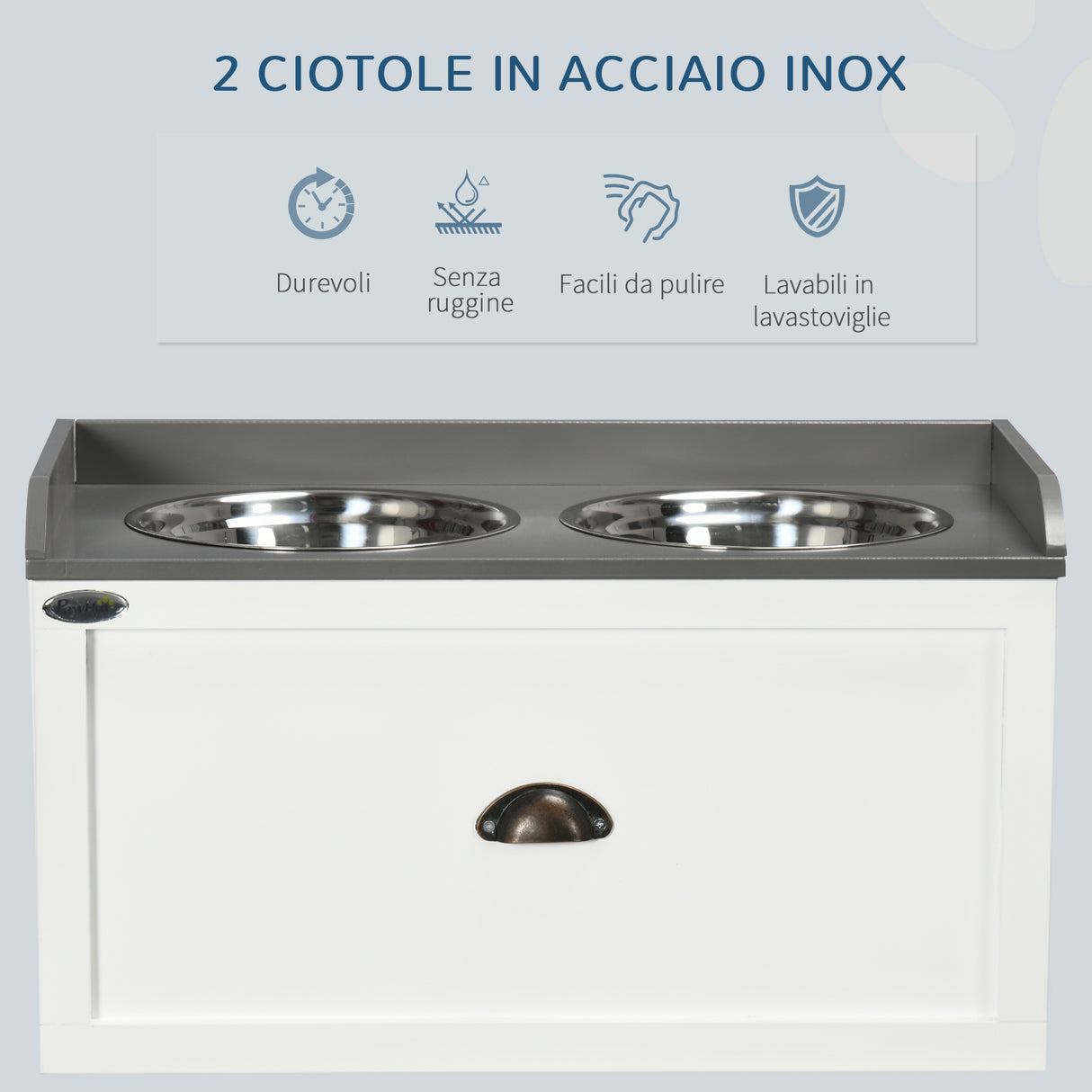 easycomfort ciotole per cani rialzate in acciaio inox e legno con cassetto 60x30x36cm bianco e grigio