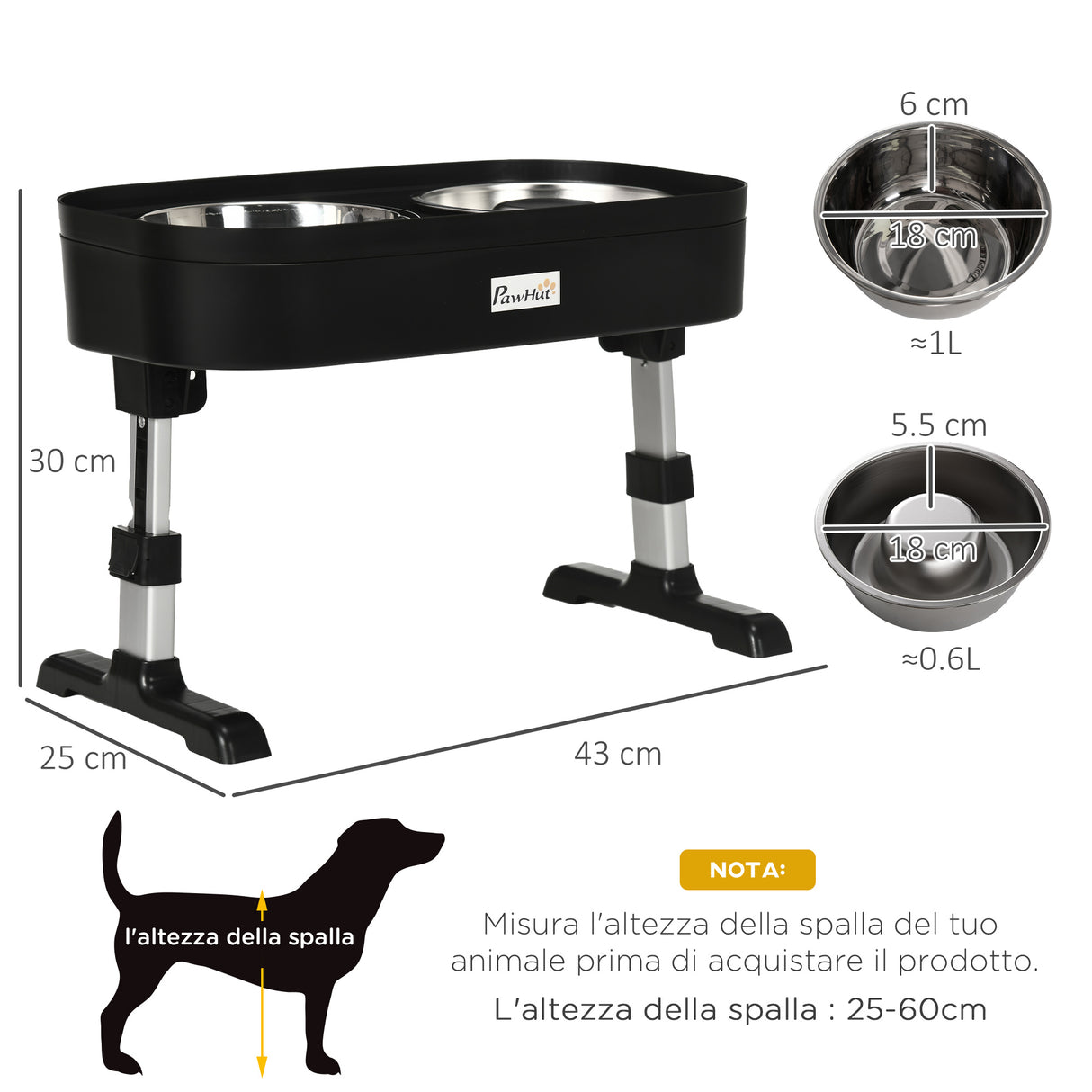 easycomfort easycomfort set di ciotole rialzate per cani in acciaio con altezza regolabile su 4 livelli nero