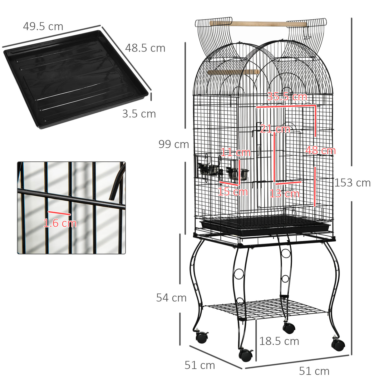 easycomfort gabbia per uccelli e canarini voliera con ruote in metallo nero 51x51x153 cm