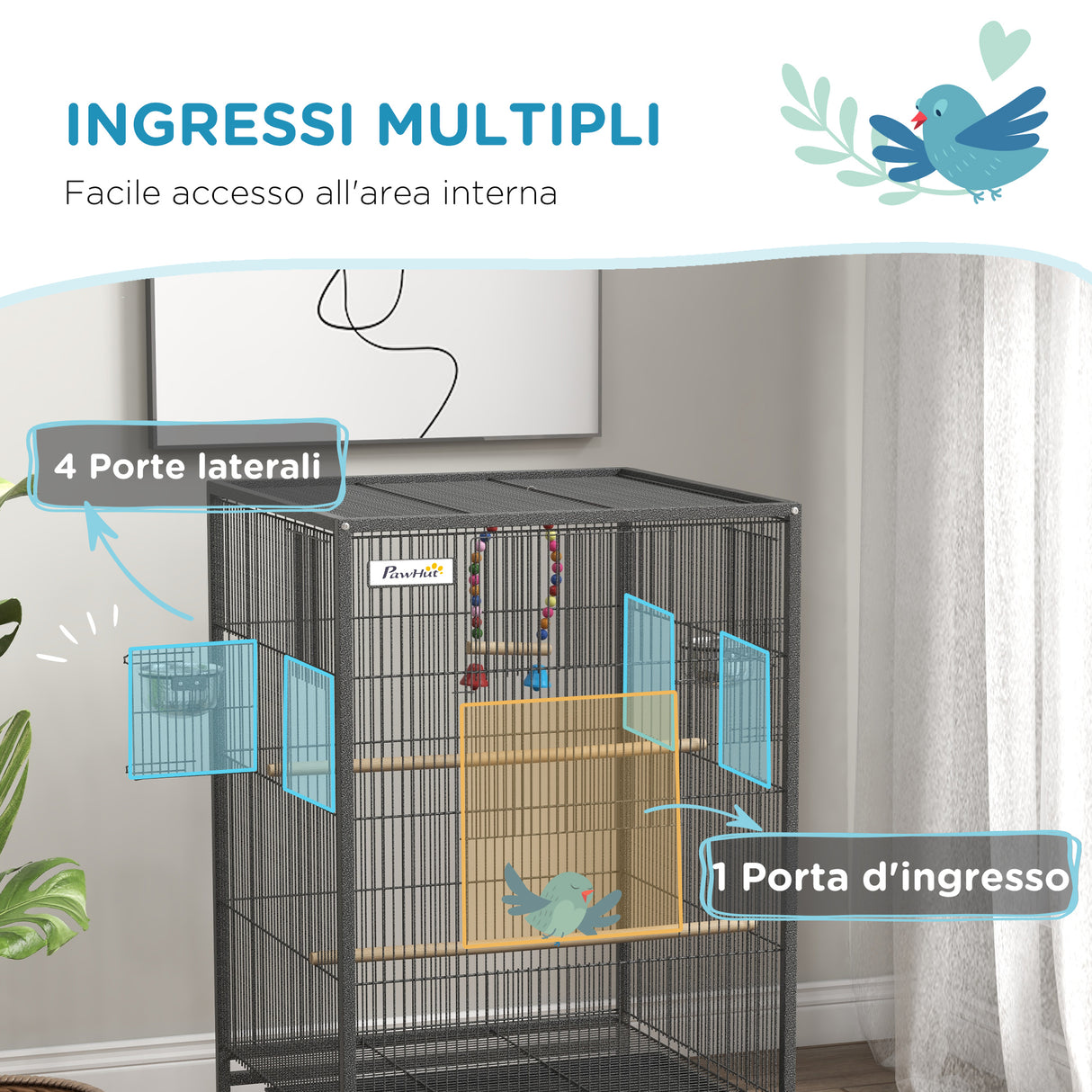 easycomfort easycomfort gabbia per uccelli in acciaio e pp con 5 porte 2 posatoi e vassoio estraibile 48x46x74 cm grigio